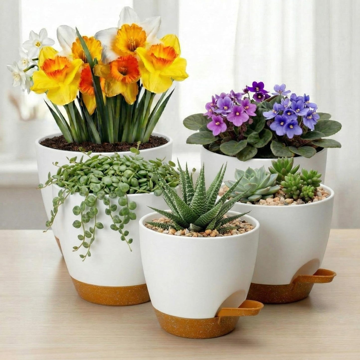 Remerry 15 Pcs 7/6.5/6/ 5.5/5 Inch Self Watering Planters with Drainage Hole Plant Pots Plastic Flower Pots Self Watering Pot and Saucer Reservoir for Garden Plant Flower (White)
