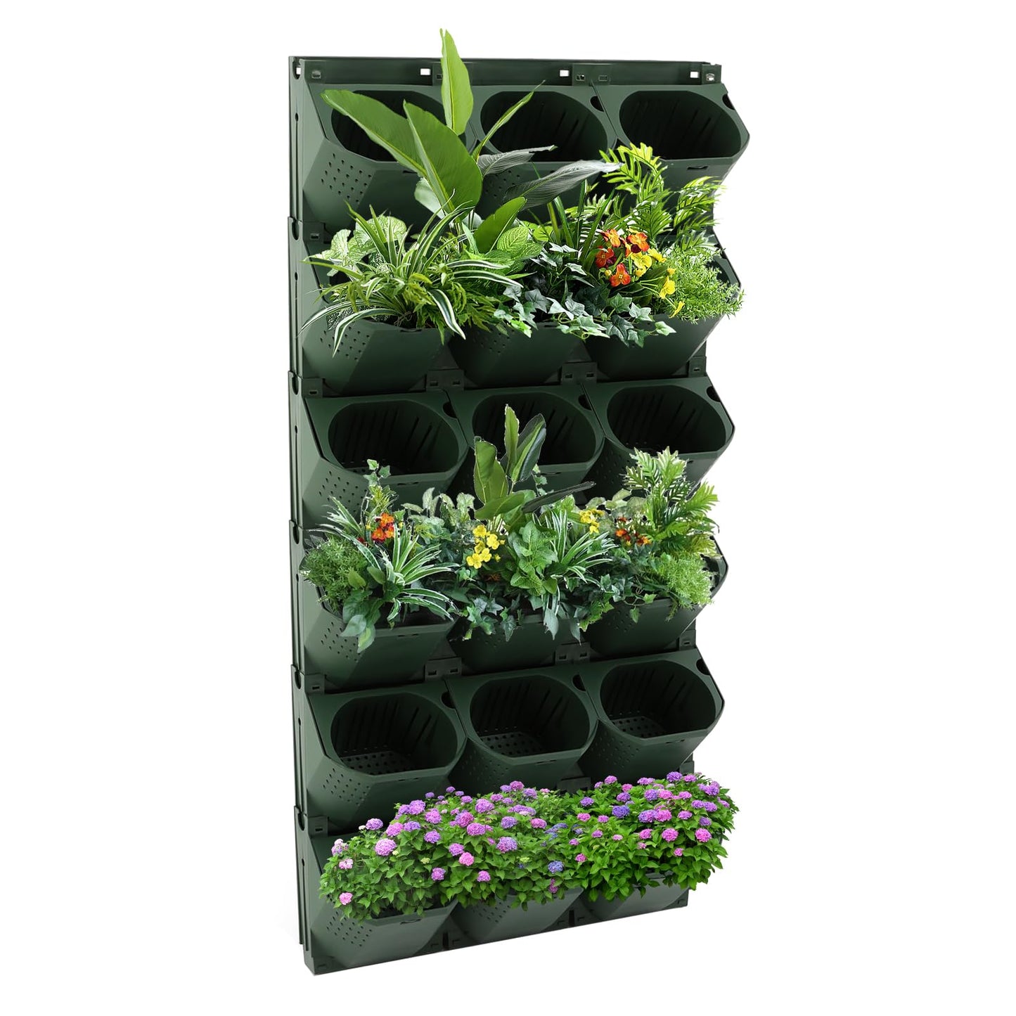 kunghei 36-Pot Wall Mounted Planter – Vertical Wall Planter with Water Storage Layer, Stackable Flower Pot Holder for Indoor Outdoor Garden Balcony (12 * 3-Pot) (Army Green)