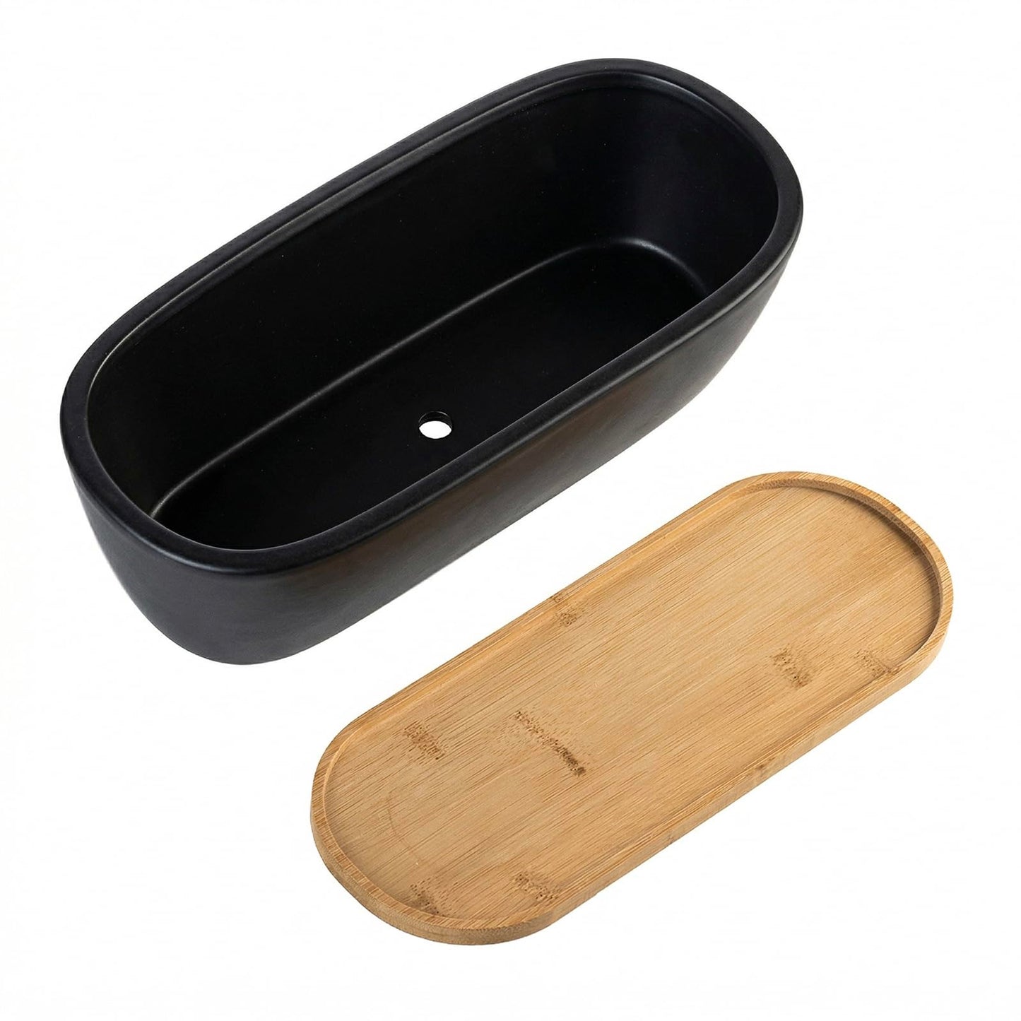 MyGift 14 Inch Oval Modern Matte Black Ceramic Succulent Planter Pot with Drainage Hole and Removable Bamboo Saucer, Decorative Indoor House Plant Container for Flowers, Cactus, Herbs