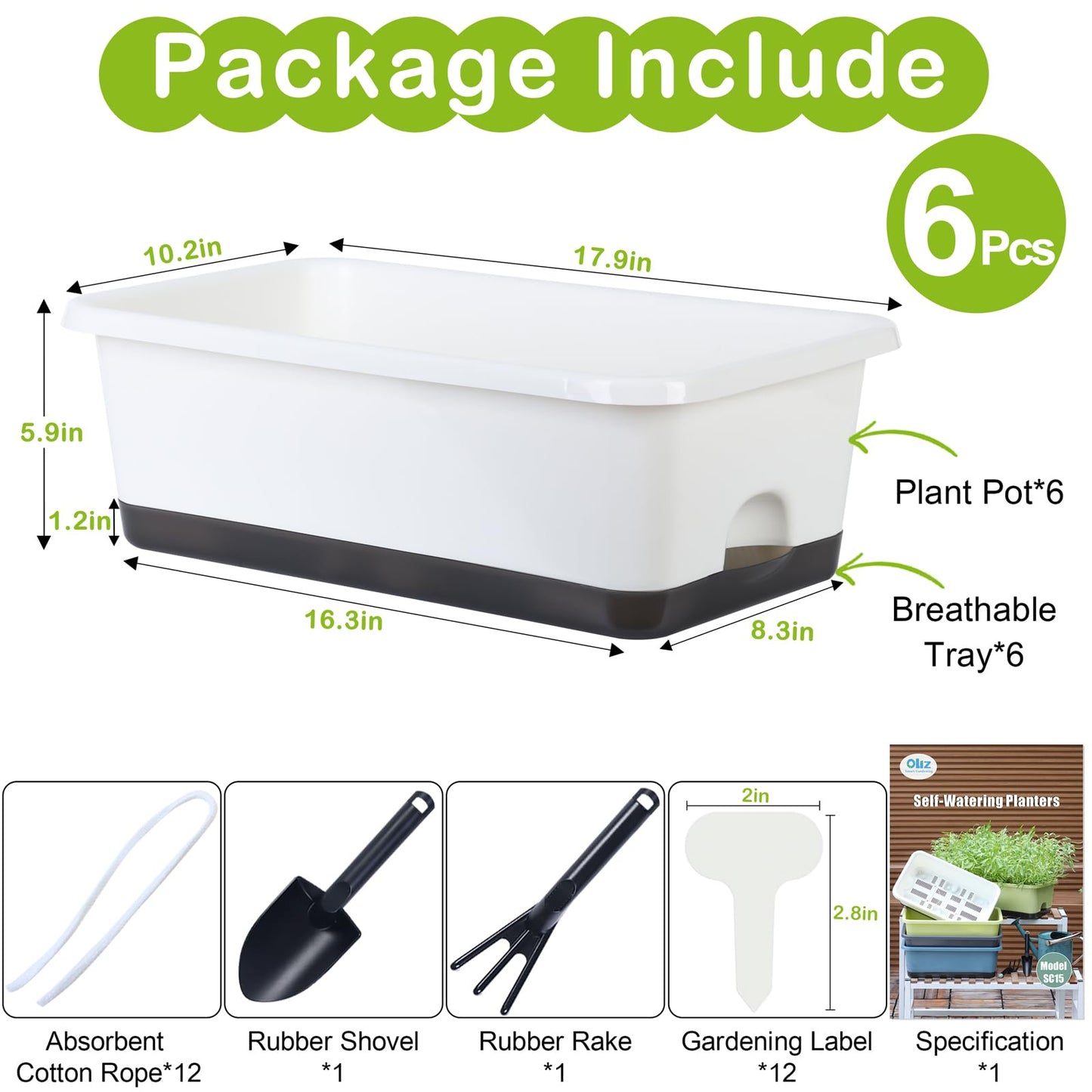 Window Box Planter 6 Pcs, 18 Inches Rectangle Flower Pots with Drainage Holes and Trays, Vegetable Planters for Windowsill Patio Garden Balcony Home Porch Yard Indoor Outdoor (White, 18*10*6 inch)