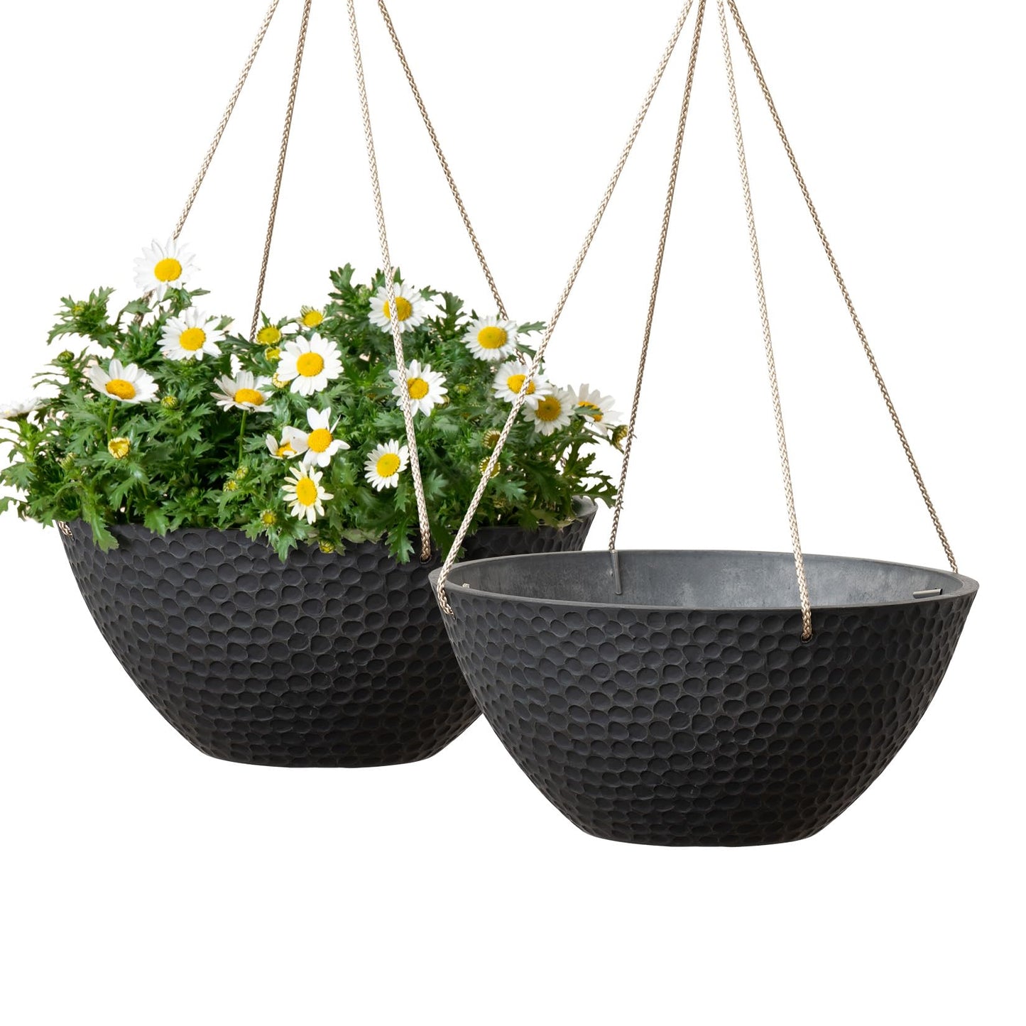 LA JOLIE MUSE Hanging Planters for Outdoor Plants, Large Hanging Planter with Drain Holes, Outdoor Hanging Flower Pots, Matte Black, Honeycomb (13.2 Inch, Set of 2)