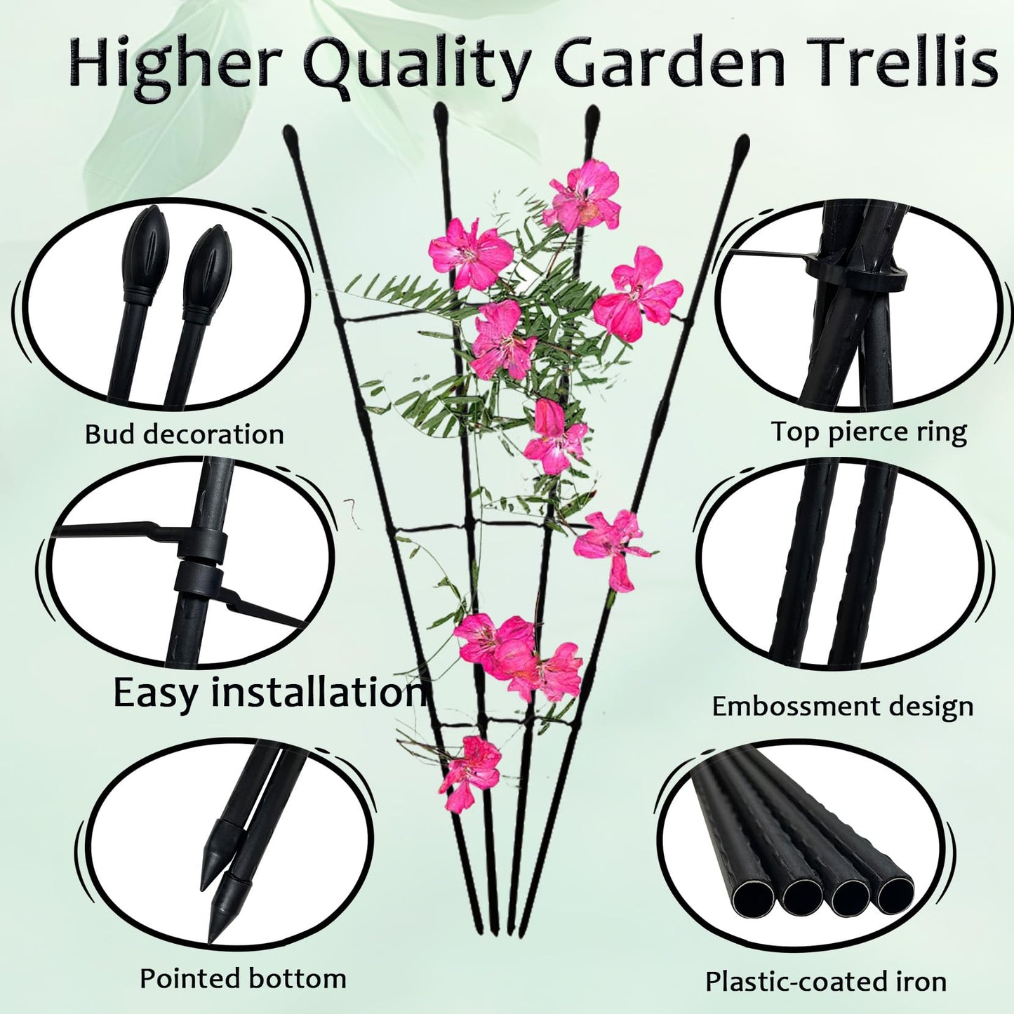 Garden Trellis for Climbing Plants, 2 in 1 Plant Trellis Rustproof Metal Pipe with Plastic Coated, 4Ft Plant Support for Potted Plant Outdoor Indoor, Plant Cages & Supports for Vines,1Pack