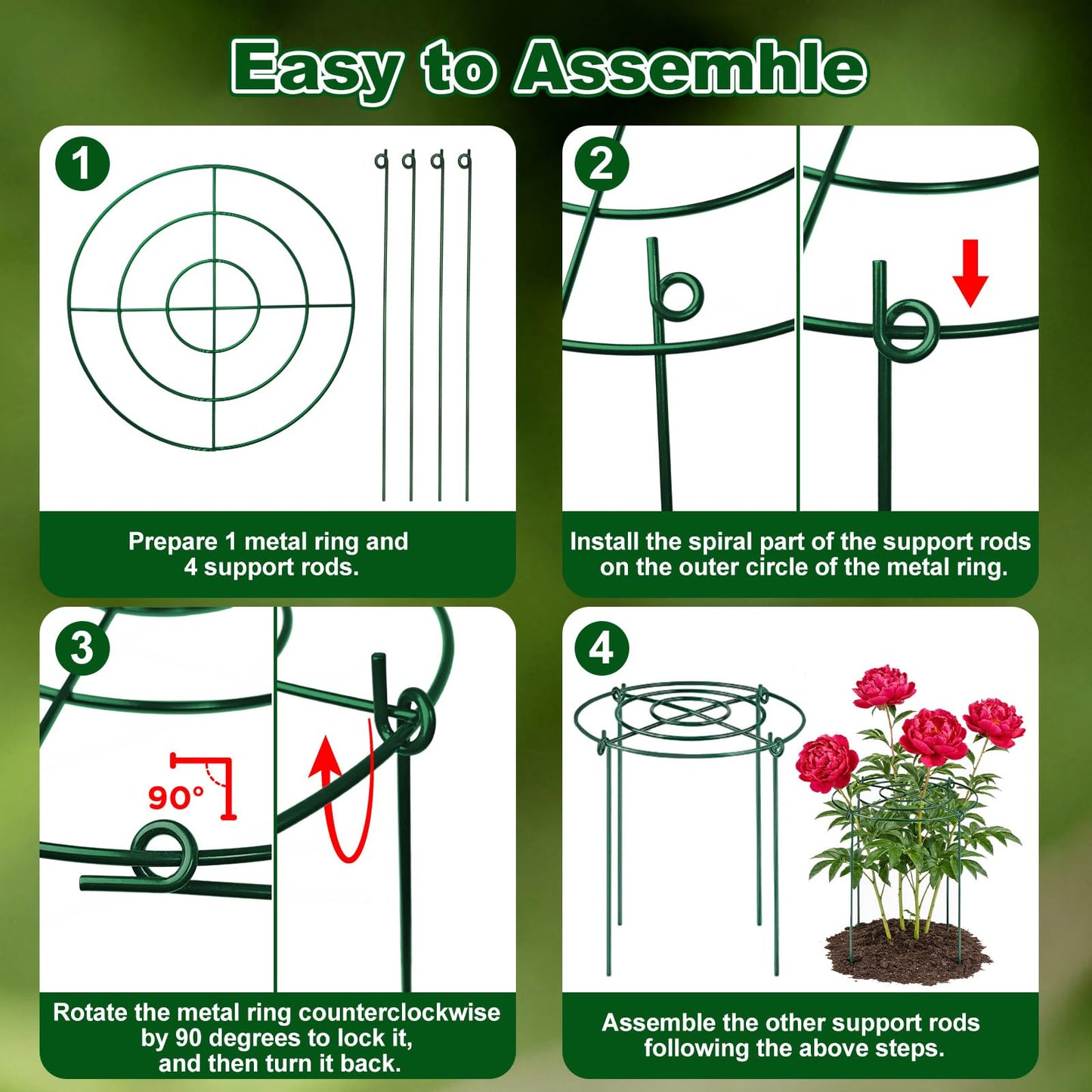 10 Pack Metal Peony Cages and Supports with 20 Plant Twist Clip Ties, Plant Support Stakes for Indoor Outdoor Plants, Tall Plant Holder Stick Kit, Plant Support Ring for Peony, Rose,Tomato, Hydrangea