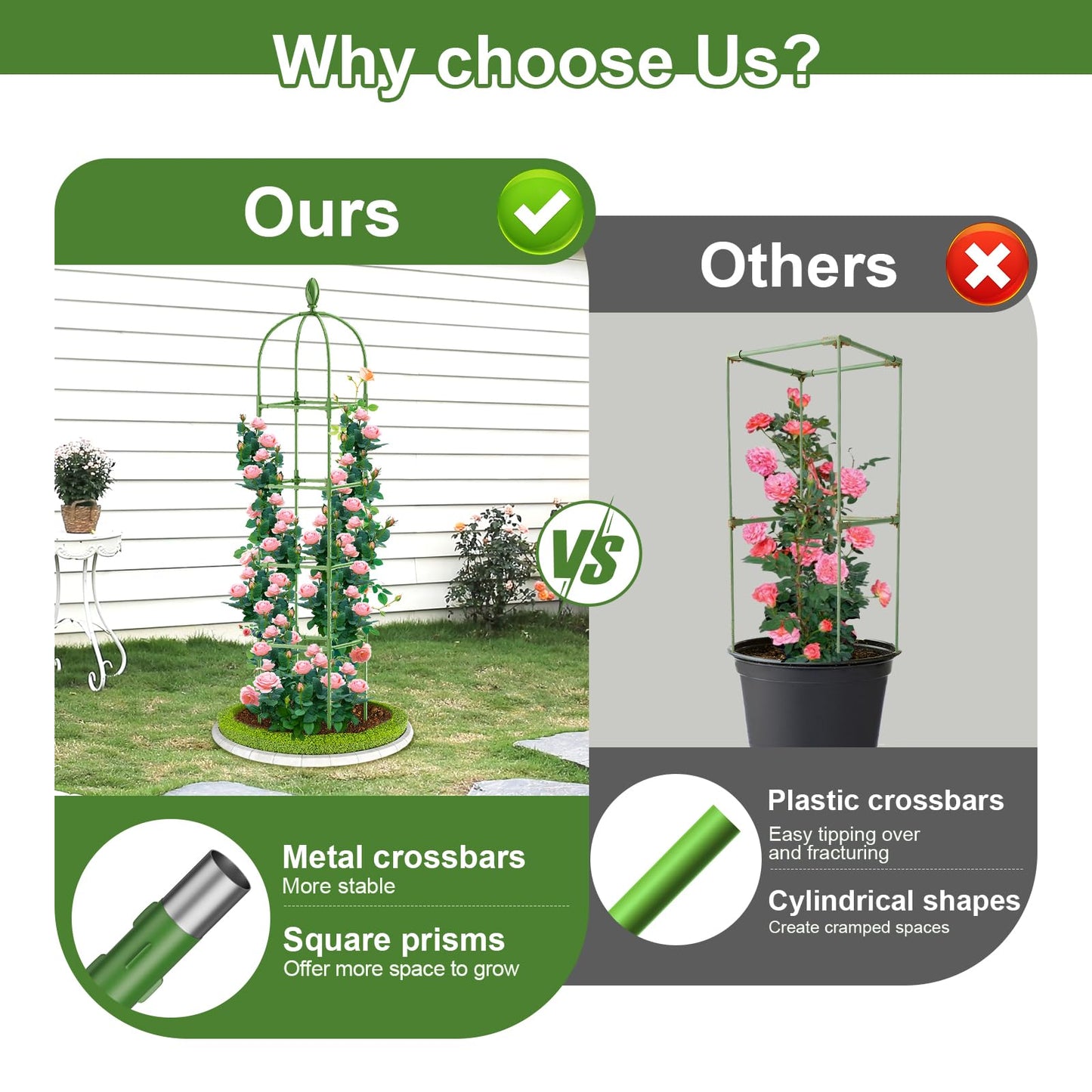 2 Pack Garden Obelisk Trellis, 70IN Tall Plant Support for Climbing Vine, Metal Covered Plastic Rustproof Heavy Duty Rose Trellis Indoor Outdoor (Green, 70 * 11.8 * 11.8IN（H*W*L）)