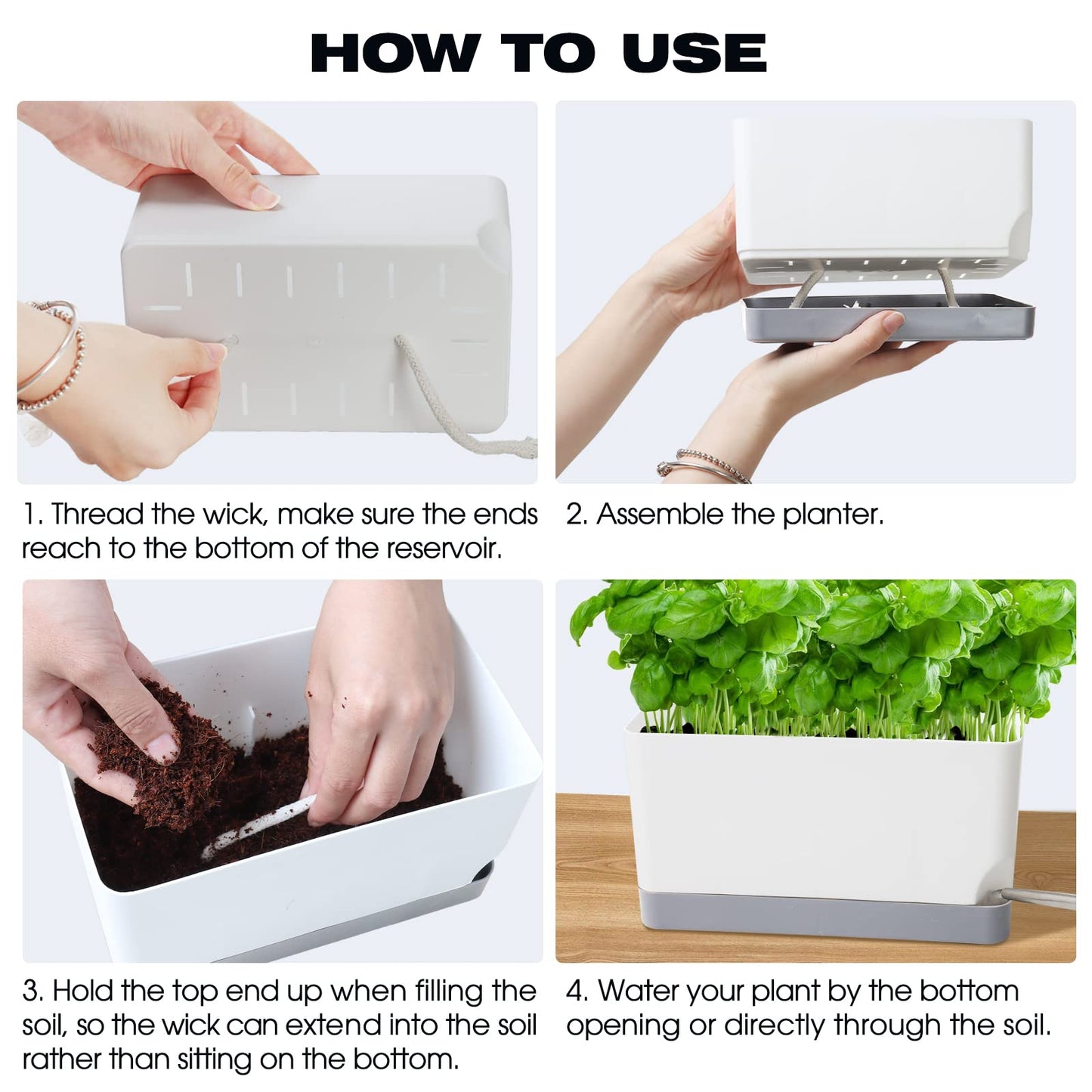 Vugosson Self Watering Planters Pots for Indoor Plants, 7 Pack Plastic Planter Box Flower Pots for Indoor Outdoor Plants, Rectangle Herb Planter Window Boxes Planterswith Drainage, Light Gray Tray