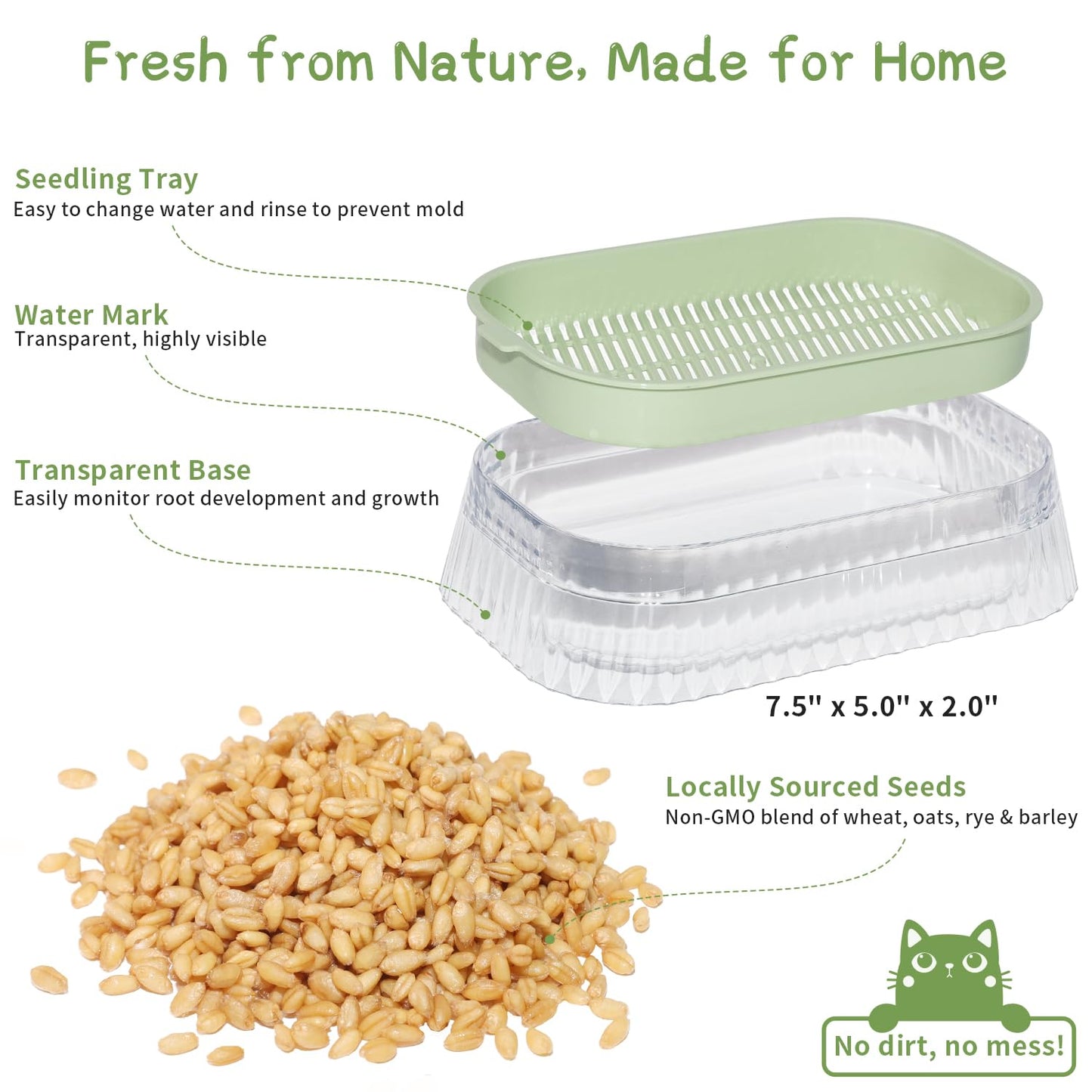 Cat Grass for Indoor Cats with 5Pack Non GMO Seeds, Organic Grass Growing Kit, Soil-Free Planter, Perfect for Beginners, Ideal Birthday Gift for Cat Lovers