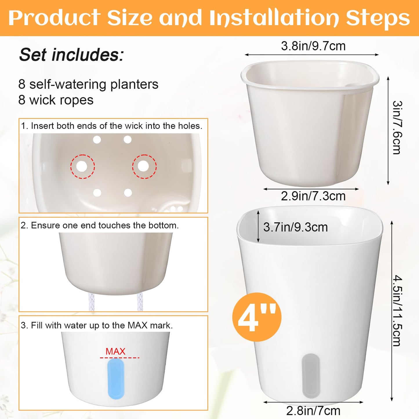 Afgaogw 8 Sets Self Watering Pots for Indoor Plants, 4 Inch White Small Self Watering Planters Plastic Garden Pots with Water Level Indicator & Vents for All House Plants, Flowers, Succulents