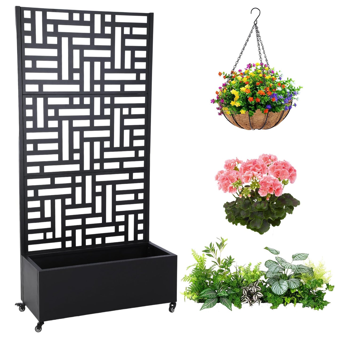 AZURAOKEY Metal Planter Box with Trellis Standing Planter Box for Climbing Plants/Vines Raised Garden Bed On Wheels 70.87x35.43x15.75 Inch (02)