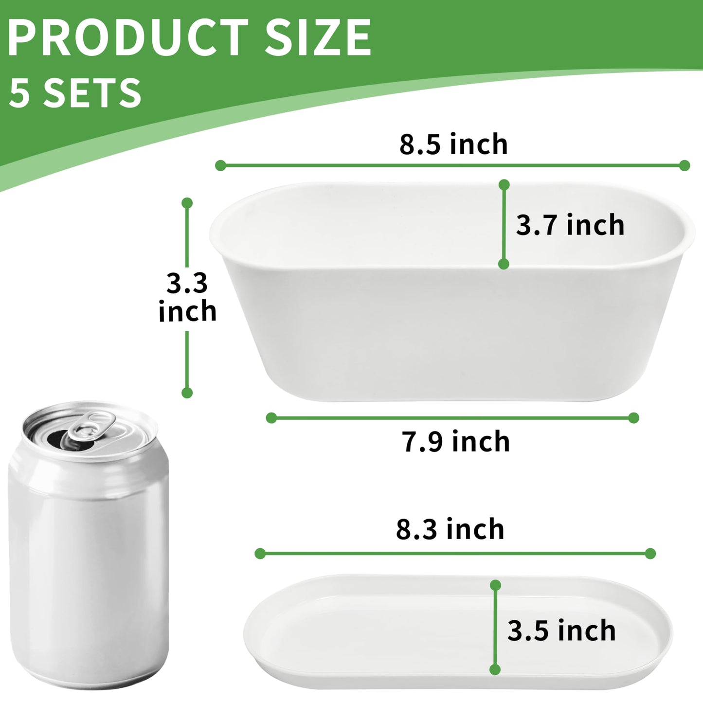 Torfican 5 Set Window Herb Planter Box Rectangular,8.5x3.5 Inch White Plastic Planters with Multiple Drainage Holes and Trays,Indoor Succulent Cactus Mint Flower Pot for Windowsill,Garden Balcony