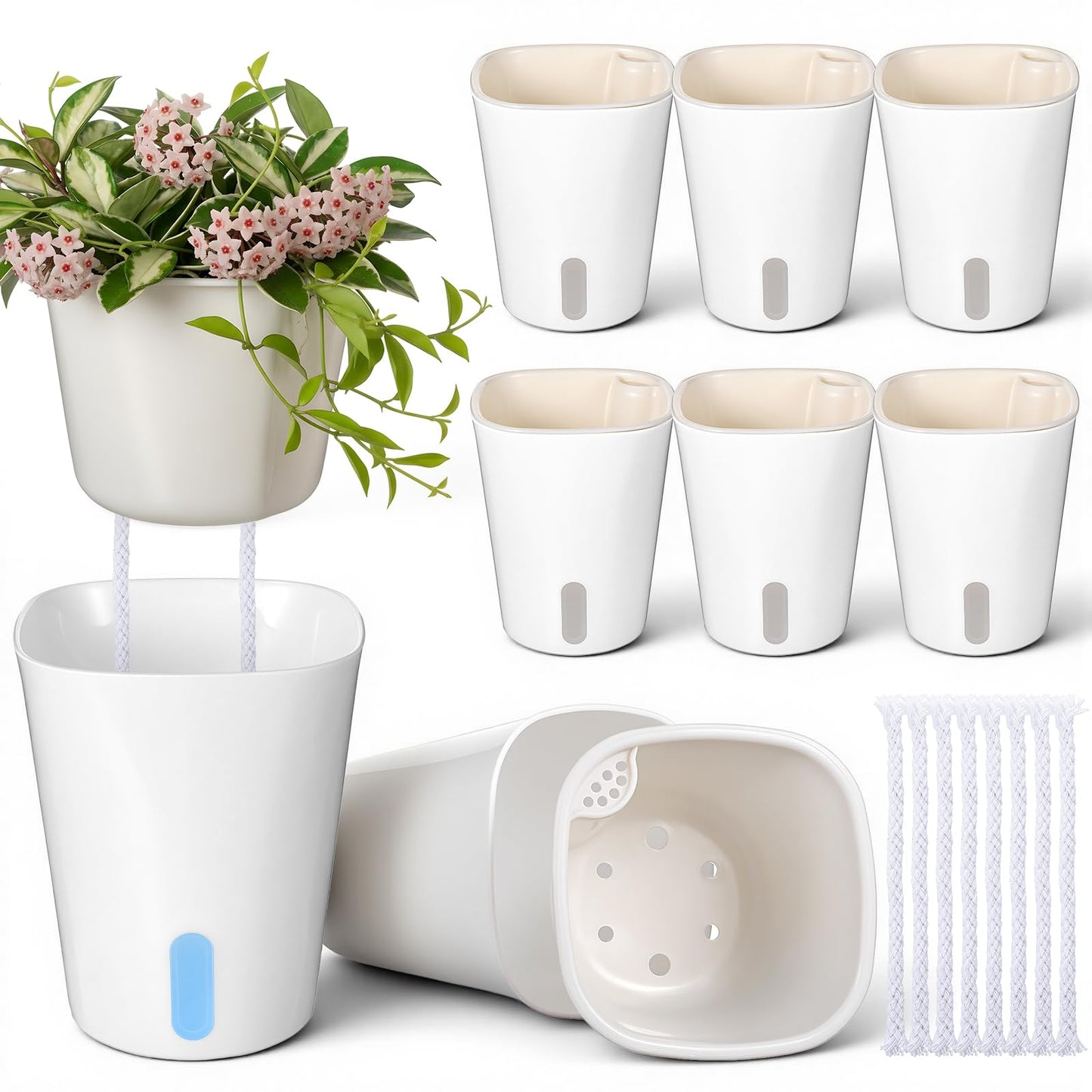 Afgaogw 8 Sets Self Watering Pots for Indoor Plants, 4 Inch White Small Self Watering Planters Plastic Garden Pots with Water Level Indicator & Vents for All House Plants, Flowers, Succulents