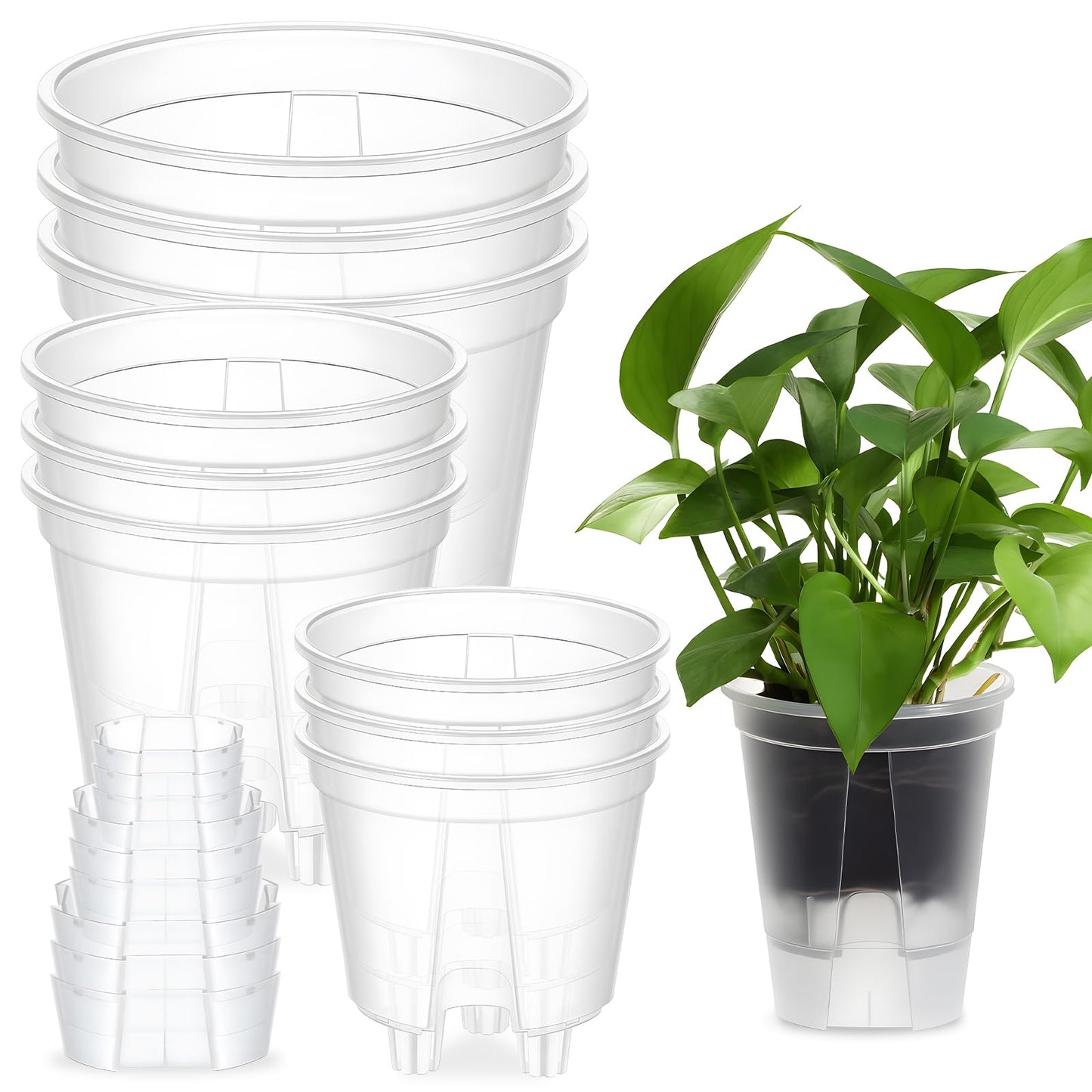 Qulkws 9 Piece Clear Flower Pots Self Watering Pots with Drainage Holes and Deep Reservoir Flexible Plastic Planter Pot for Indoor/Outdoor Plants(4.7'', 5.9'' and 7'')