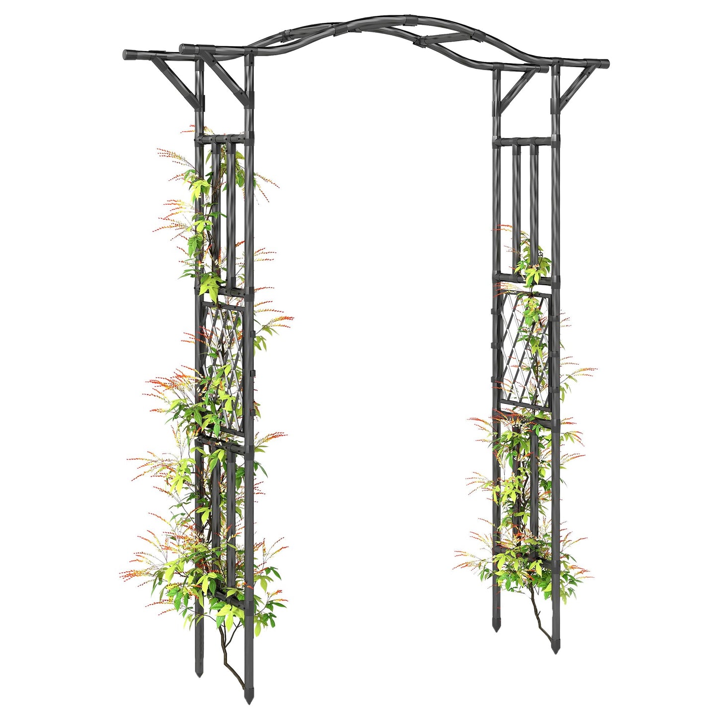 Outsunny Garden Arch, 7.5ft PE-Coated Steel Garden Arch Trellis for Climbing Plants, Arbour Archway with Extended Top for Wedding Ceremony Backyard Lawn Patio, Black