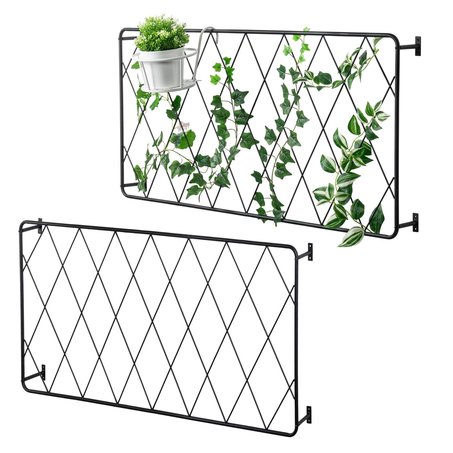 MyGift 50"x24" Wall Mounted Garden Trellis, Black Metal Lattice Panels for Outside, Hanging Lattice Support Frame for Outdoor or Indoor Climbing Plants, Set of 2 Panels