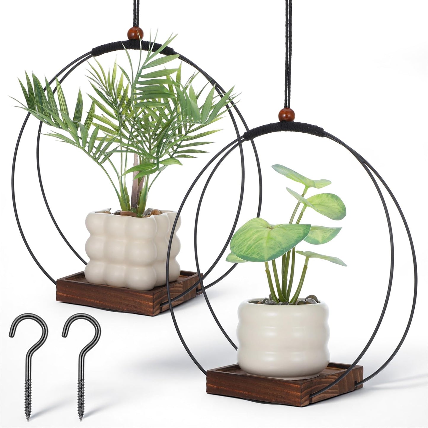 YBEATY 2 Pack Hanging Planters for Indoor Outdoor Plants, 12 Inch Sturdy Wood Base Metal Plant Hanger Modern Boho Minimalist Flower Pot Holder Basket Wall Ceiling Window Stands Home Wall Decor