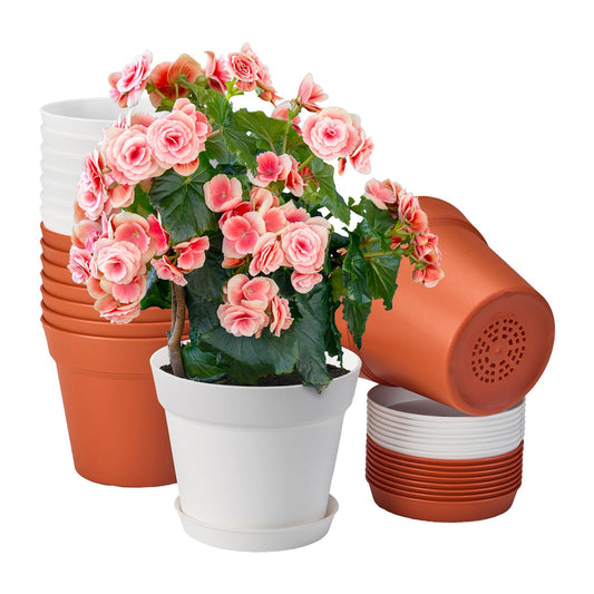 homenote Plant Pots,6 Inch Flower Pots for Plants Plastic Planters for Indoor with Multiple Drainage Holes and Trays, for All Home Garden Flowers Succulents,Outdoor(White&Red,16 Pack)