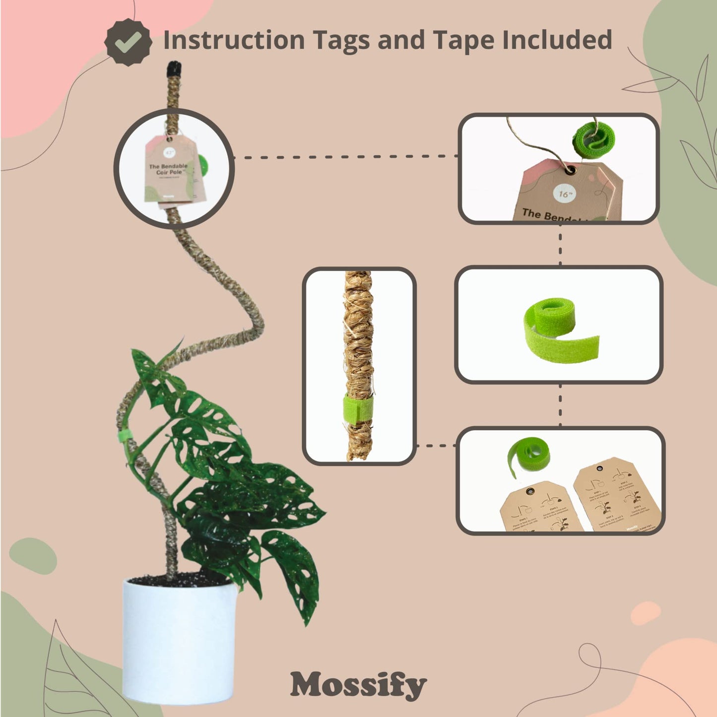 Mossify Bendable Coir Pole for Plants – 16” Premium Manila Coir Moss Pole Monstera Plant Support for Indoor & Outdoor Plant Climbing Support - Comes with Reusable Tape for Durable Plant Pole