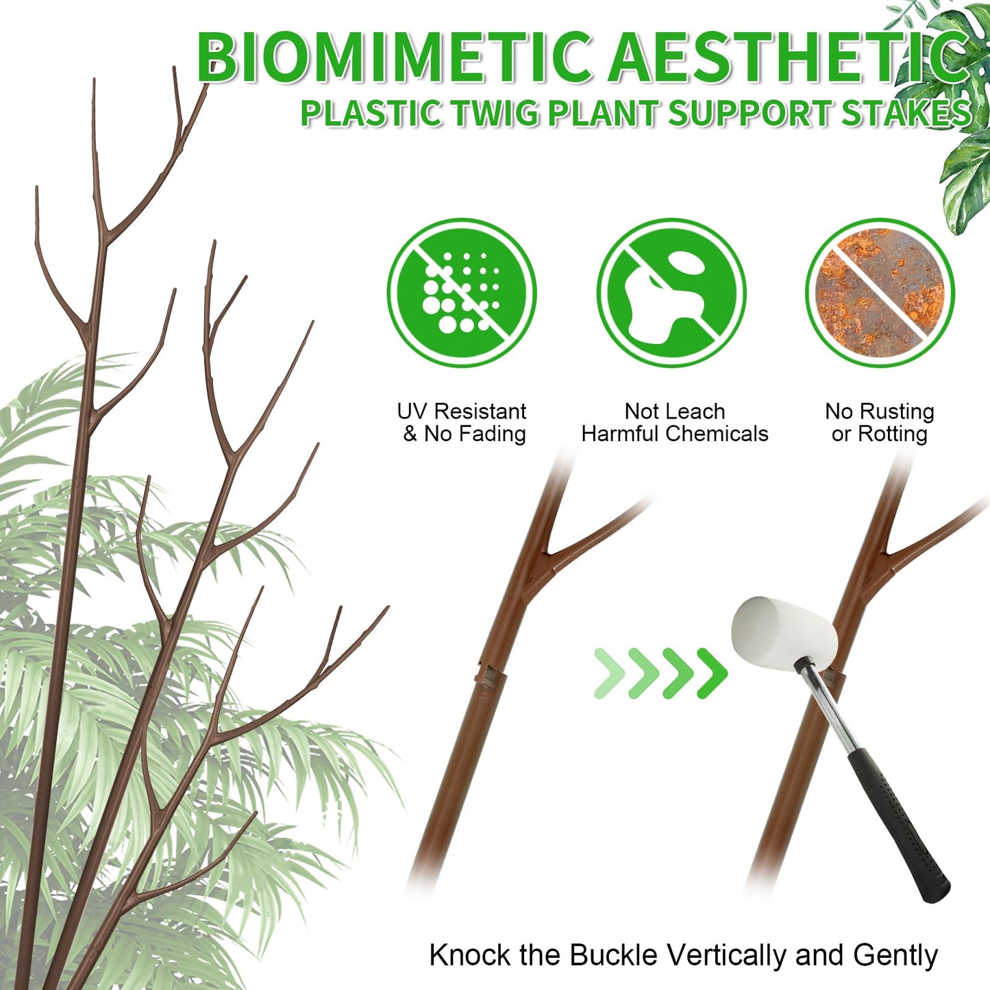 ROADPLUM 4 Pack 27.56" Detachable Twig Plant Support Stakes Set, Blends in to Plant, Branch Plant Sticks with Orchid Clips Twist Plant Ties, Twig Trellis for Indoor Outdoor Plants Potted Plants Flower