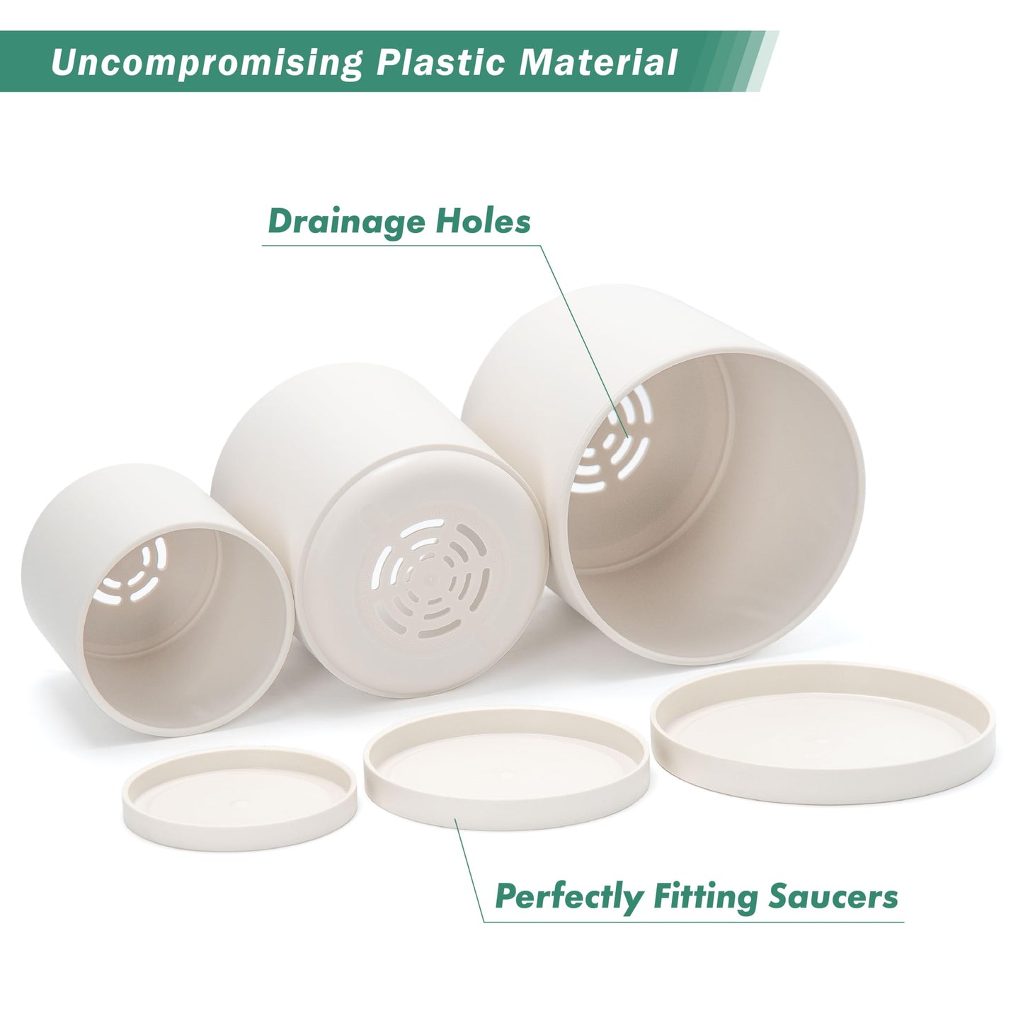 D'vine Dev 4 Inch 5 Inch 6 Inch, Set of 3 Plastic Planter Pots for Plants with Drainage Hole and Seamless Saucers, Oatmeal, Small, 74-V-H-1