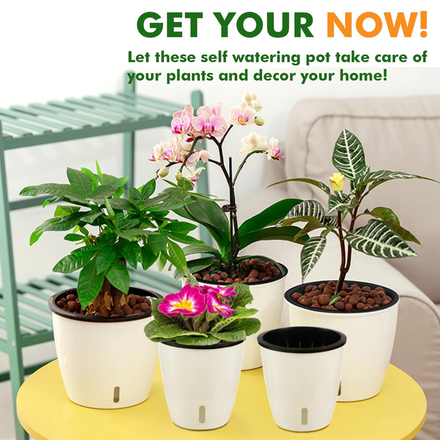 Planterhoma 5 Inch Self Watering Pots for Indoor Plants, 6 Packs African Violet Pots with Indicator, Black Wick Pot with Drainage Holes, Self Watering Planters for Orchid, Devil's Ivy, White