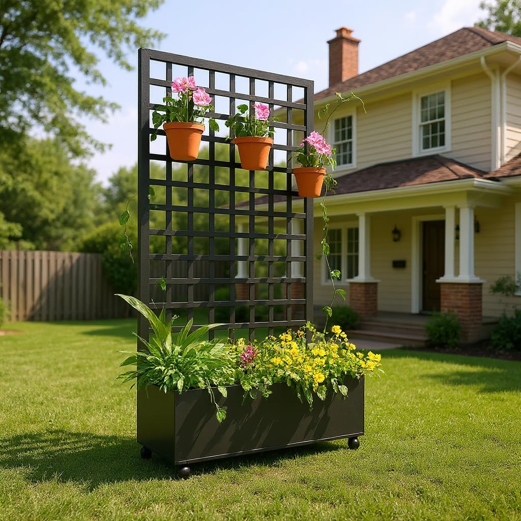 Tedyle Raised Garden Bed with Trellis & Wheels – Large Outdoor Planter Box with Drainage Holes & Privacy Screen for Climbing Plants & Vines, 72" x 35", Black