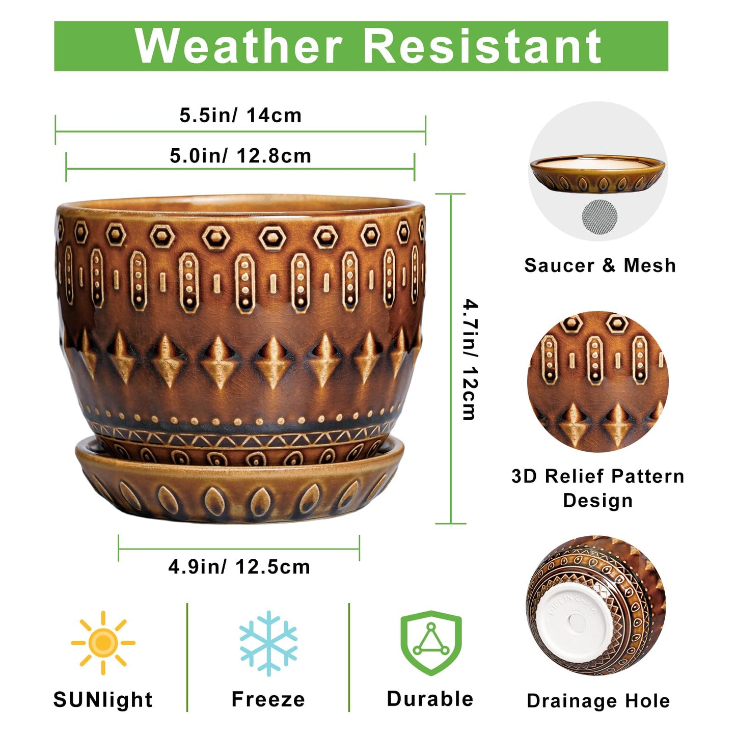 G EPGardening 5.5 Inch Plant Pot - Ceramic Planter for Indoor Outdoor Plants, Boho Round Indoor Flower Pot with Drainage Hole and Saucer, Housewarming Gifts, Garden Home Room Decor, Brown