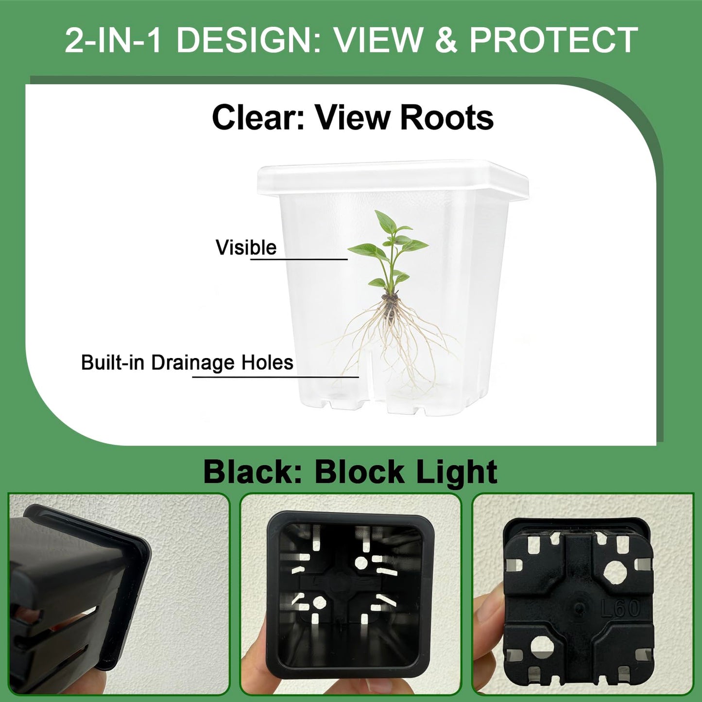 Gyfofix 2 Inch Square Nursery Pots, 50 Pack (25 Clear + 25 Black) Seedling Starter Pots, Plastic Plant Pots with Drainage Holes, for Seed Germination, Root View, and Light Blocking