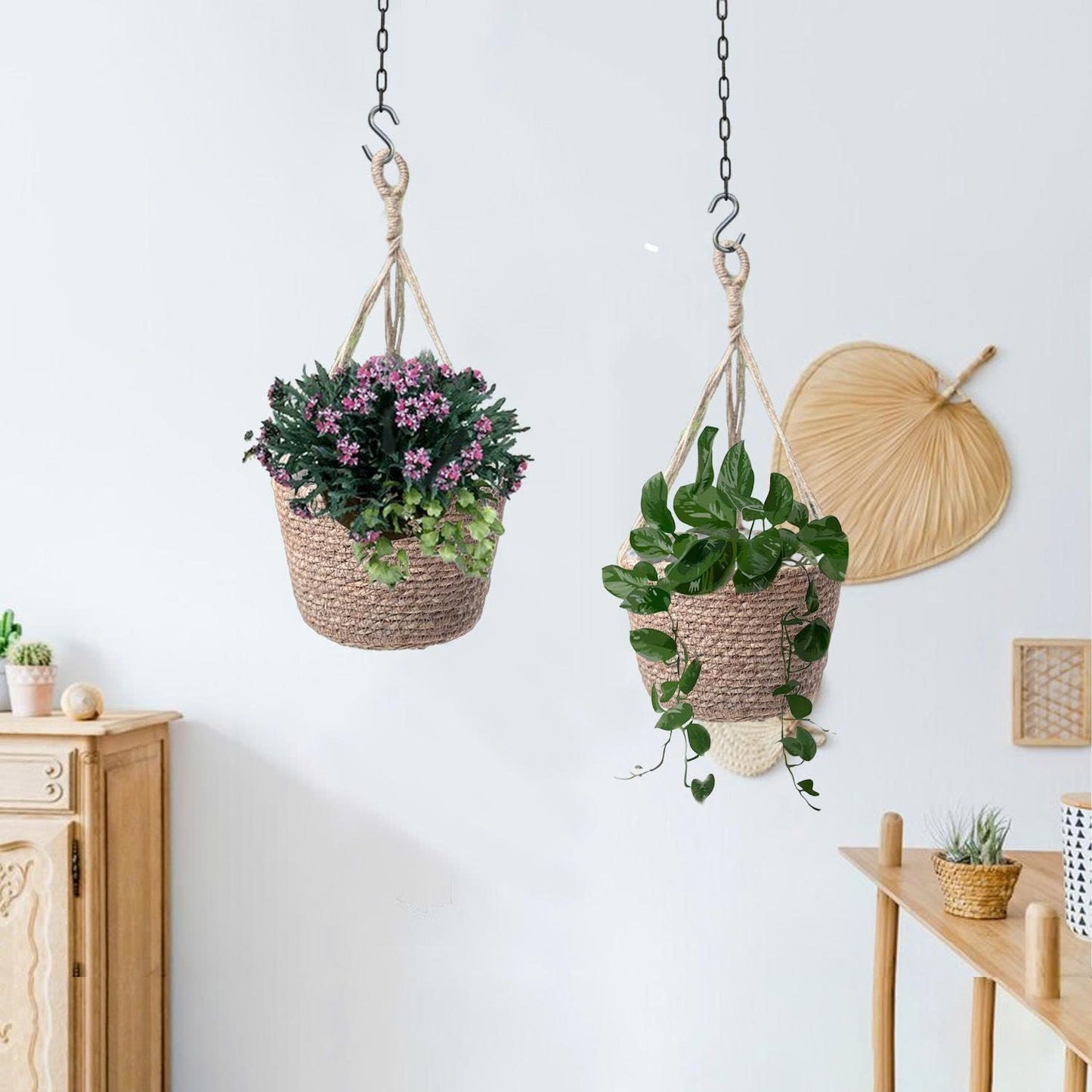 Laquedecraft Woven Seagrass Plant Basket with Hangers | Decorative Planter for Small-Space Living or Natural Home Styling | Perfect for Living Room, Balcony, Patio, Kitchen or Gadren (Set of 2)