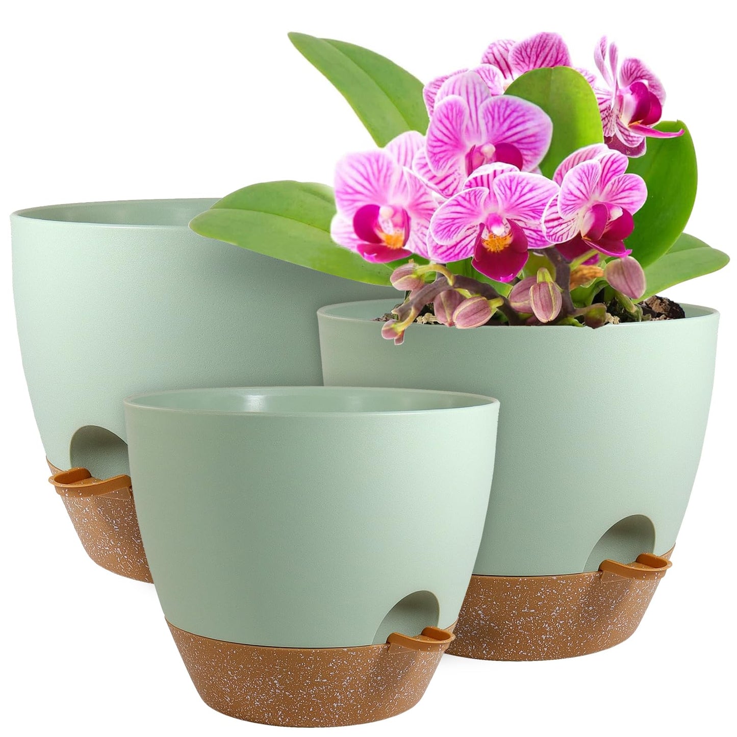 WSMKSZ 10/9/8 inch Self Watering Pots, Planter, Plant Pots with Mesh Drainage Holes for Indoor Outdoor Garden Plants, Plastic Flower Pots with Deep Reservoir for House Plants, Green with Brown