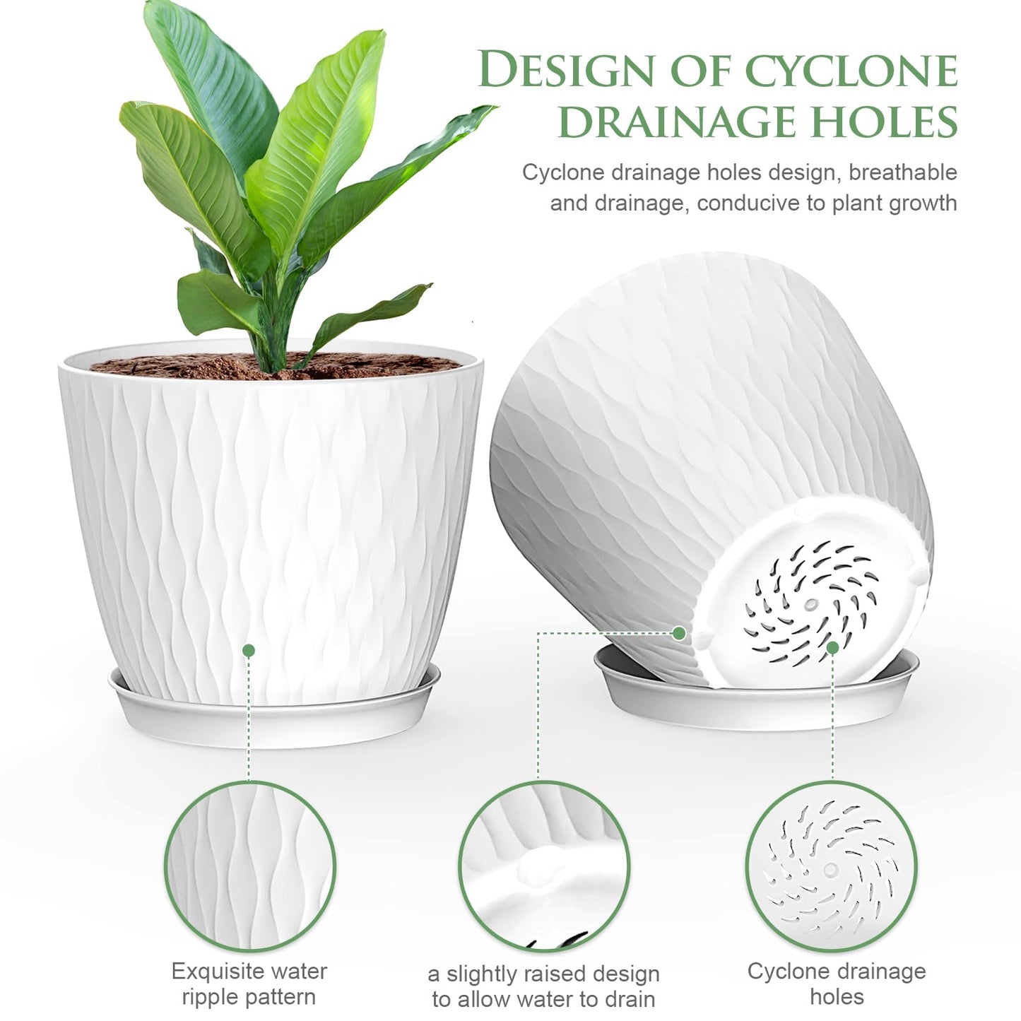 WSMKSZ 6 inch Flower Pots, 5 Pack Plant Pots with Drainage Holes and Saucers for Indoor Plants, Plastic Planters with Water Ripple for Small Garden House Plants, Nursery Pots for Succulent, White