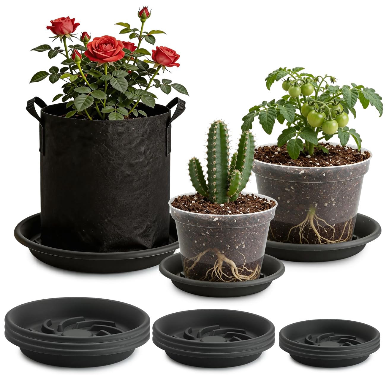BTPLASTIK Plant Saucer 8 10 12 inch 9 Pack Set, Pot Elevators for Inside Plants, Heavy Duty Flower Planter Drip Trays for Pots, Grow Bags Saucers Gray