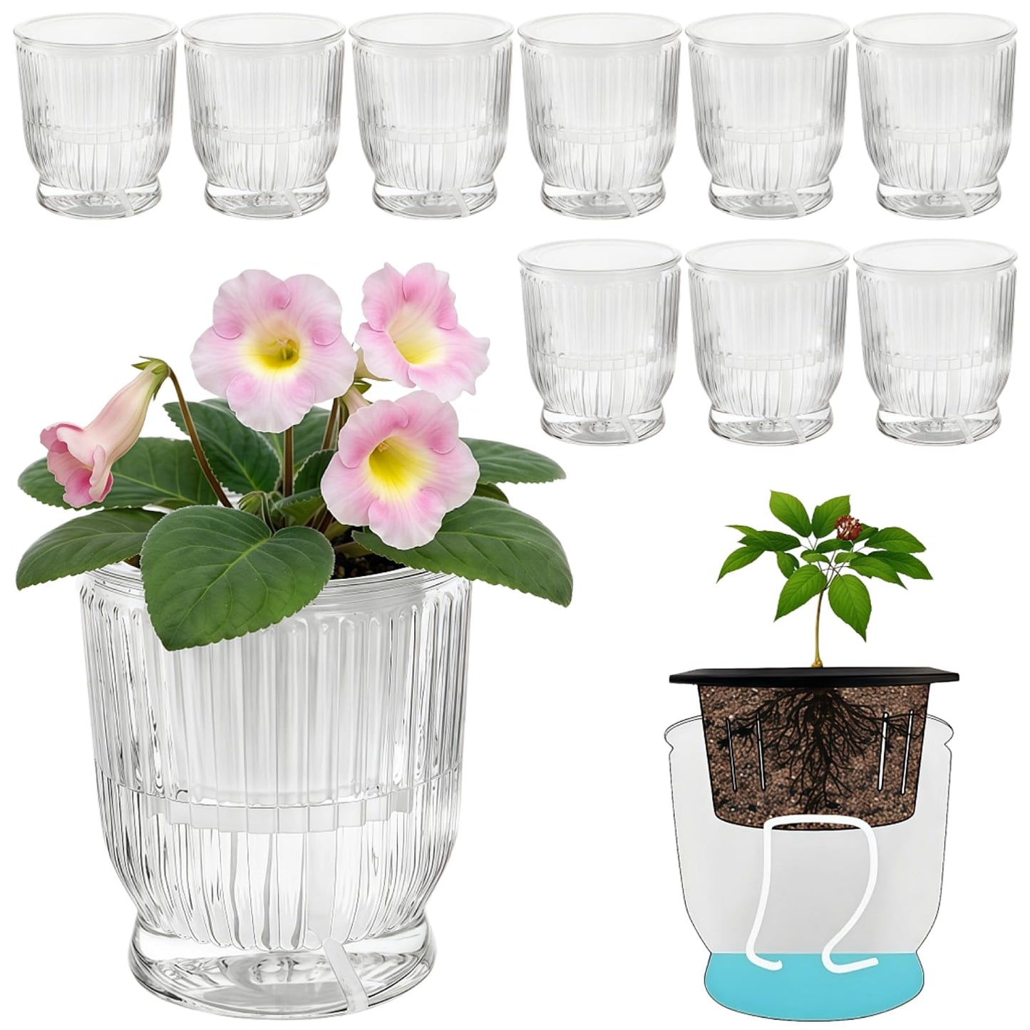 ZOOFOX 10 Pack Self Watering Pots, 4 Inch Small Plant Pots for Indoor Plants, Stripe Plastic Flower Pots for All House Plants, Herbs, Aloe, African Violets, Orchid