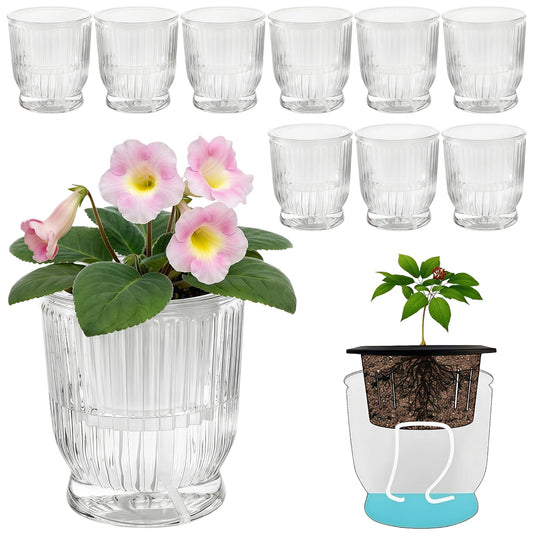 ZOOFOX 10 Pack Self Watering Pots, 4 Inch Small Plant Pots for Indoor Plants, Stripe Plastic Flower Pots for All House Plants, Herbs, Aloe, African Violets, Orchid