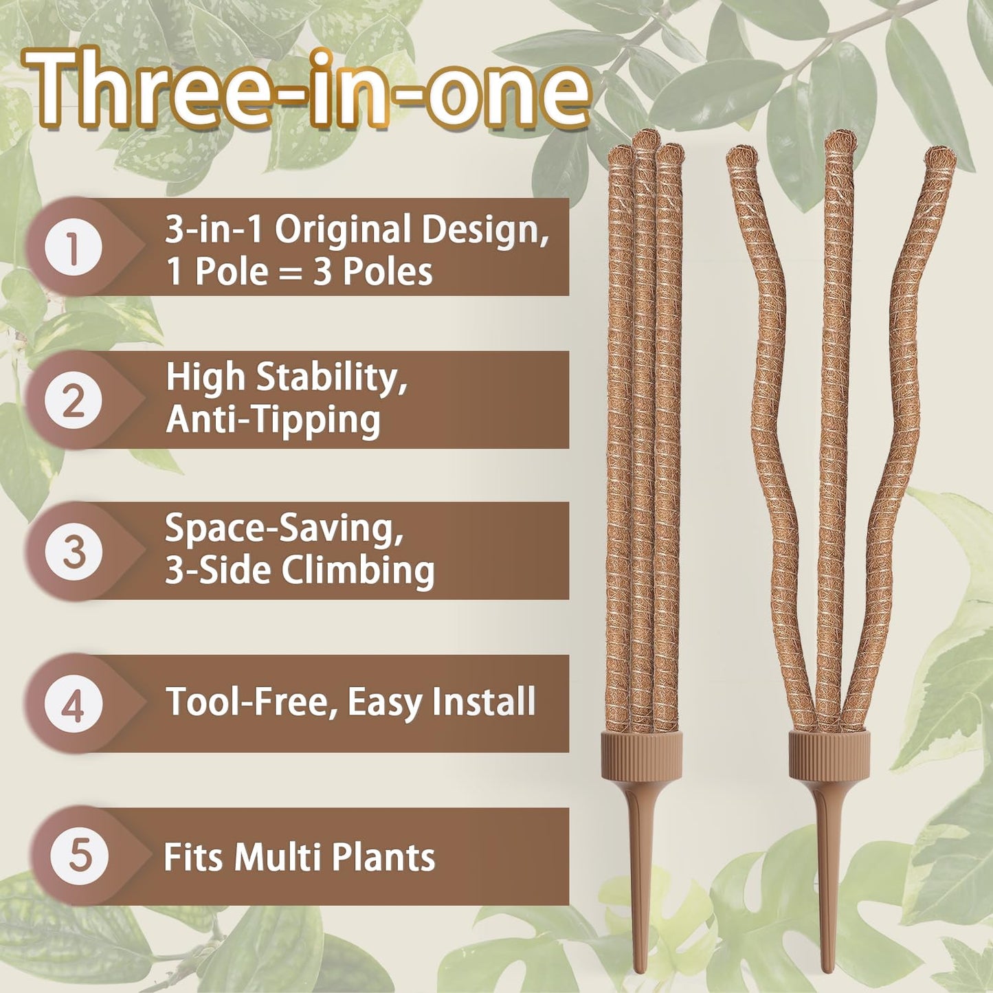3 Moss Poles in 1, Bendable Monstera Plant Support, 30IN Tall Plant Stakes for Indoor Plants, Coir Pole Plant Support for Climbing Plants, Pothos, Philodendron-1 Pack