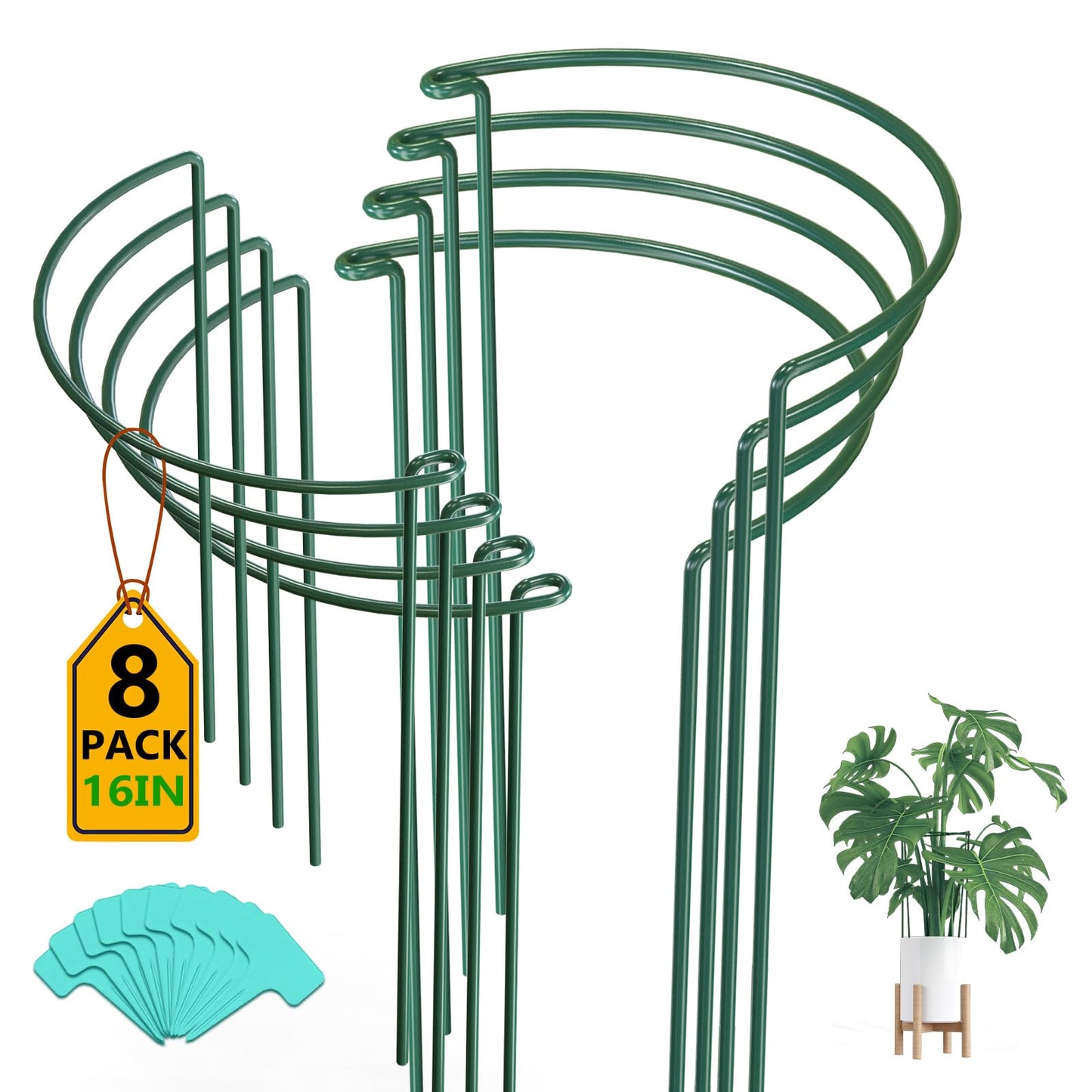 Breeze Touch 8 Pack Plant Support Stakes, 16 Inch Plant Stakes for Outdoor Plants, Peony Cage with 15 Pcs Green Lables, Peony Cages and Supports, Peonies Support Cages Flower Stakes for Plants