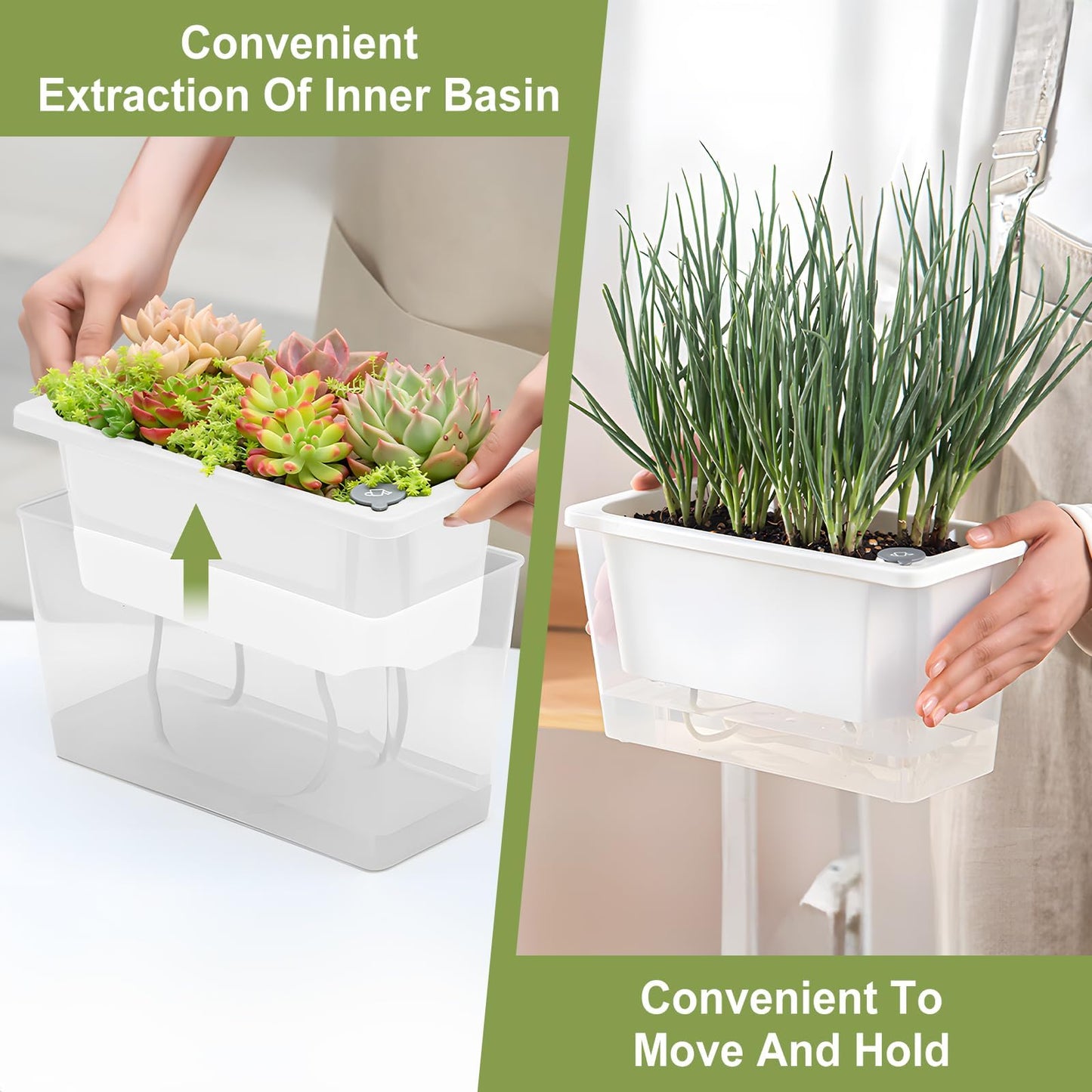 Samhe Window Box Planter, 2 Pack 10 Inch Plastic Self Watering Pots for Indoor Plants, Rectangular Flower Pots with Reservoir for Outdoor Indoor Plants Garden Home Decor - White