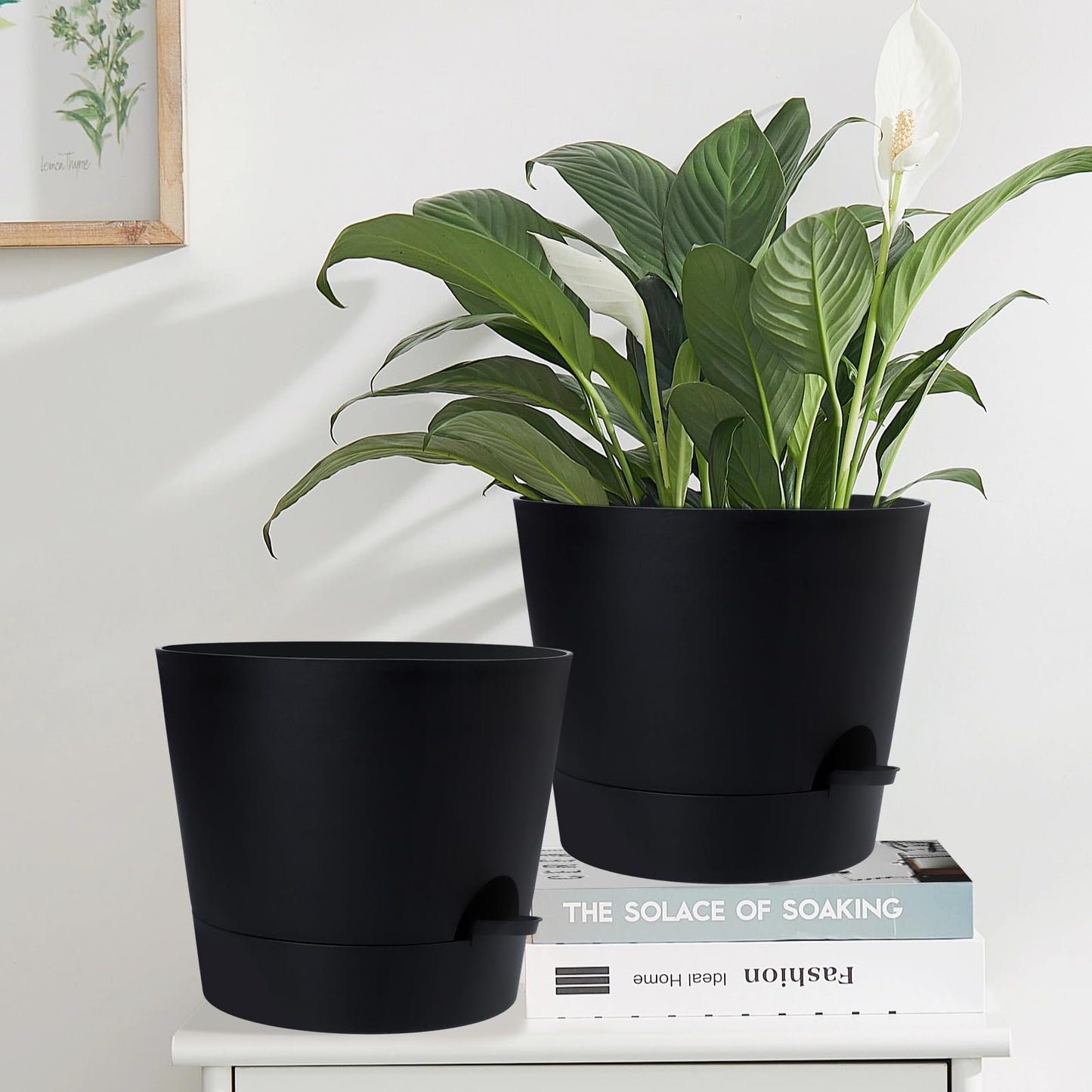 YNNICO 12 Inches Indoor Self Watering Planters with Drainage Holes and Saucers, 4 Pack (Black)