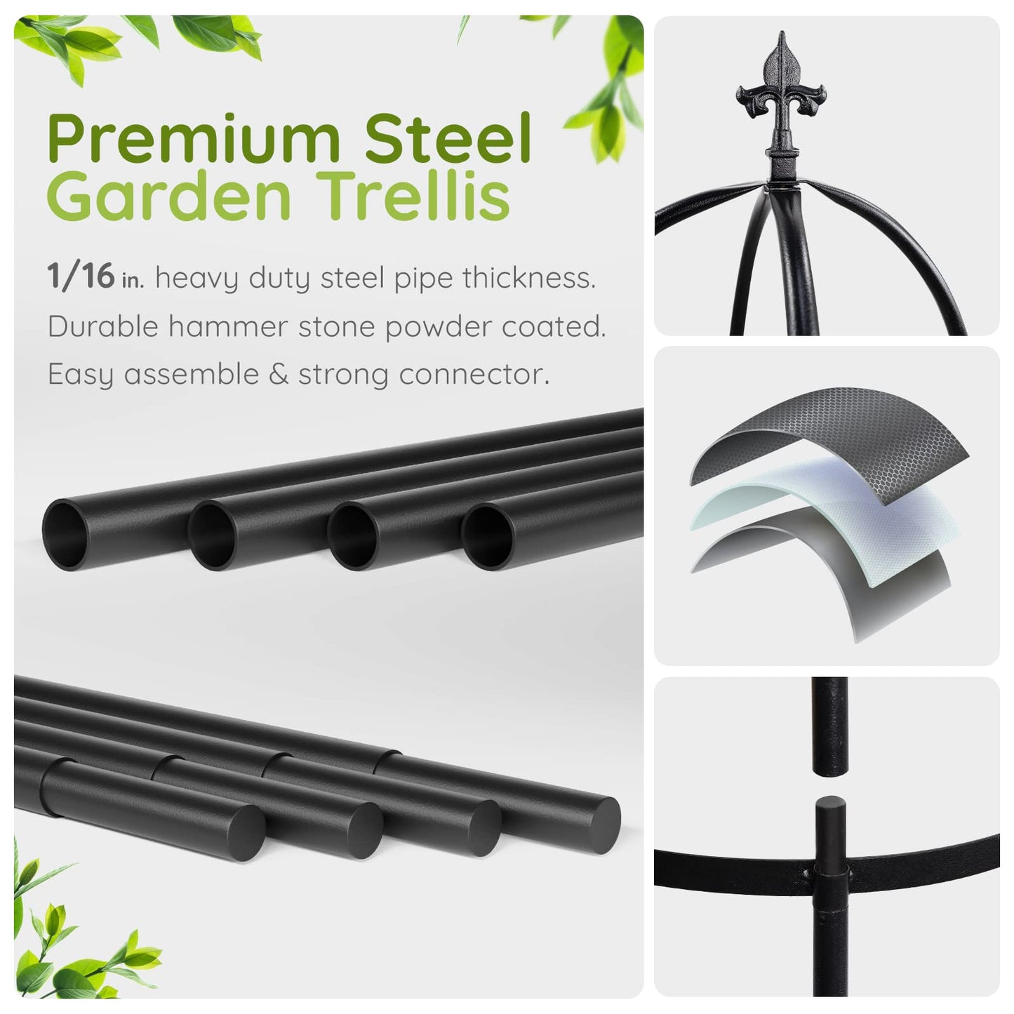 Idzo 100% Metal Obelisk Trellis for Climbing Plants Outdoor 6ft - 72in, Heavy Duty Black Garden Trellis for Climbing Vine with Stone-Look Finish, 1pc
