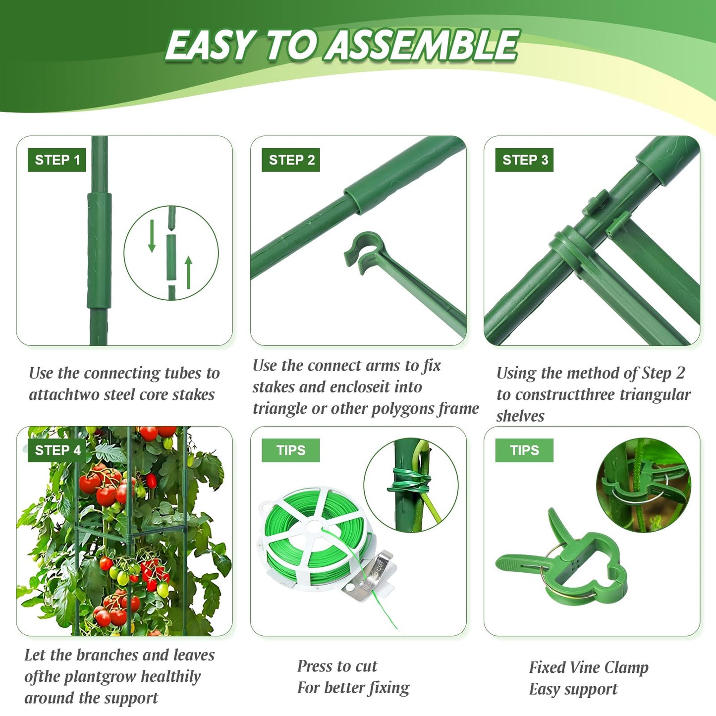 6 Pack Tomato Cage for Garden & Pots, Rust-Resistant Tomato Stakes Plant Cage Trellis Support for Climbing Vegetables Plants Flowers - 48 Inch