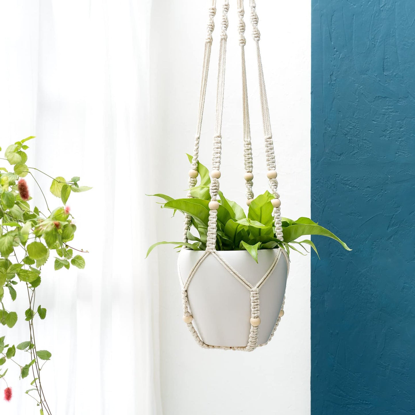 Mkono Set of 2 Macrame Plant Hanger 35 Inch and 43 Inch Indoor Hanging Planter Basket with Wood Beads Decorative Flower Pot Holder No Tassels, Ivory (POTS NOT Included)