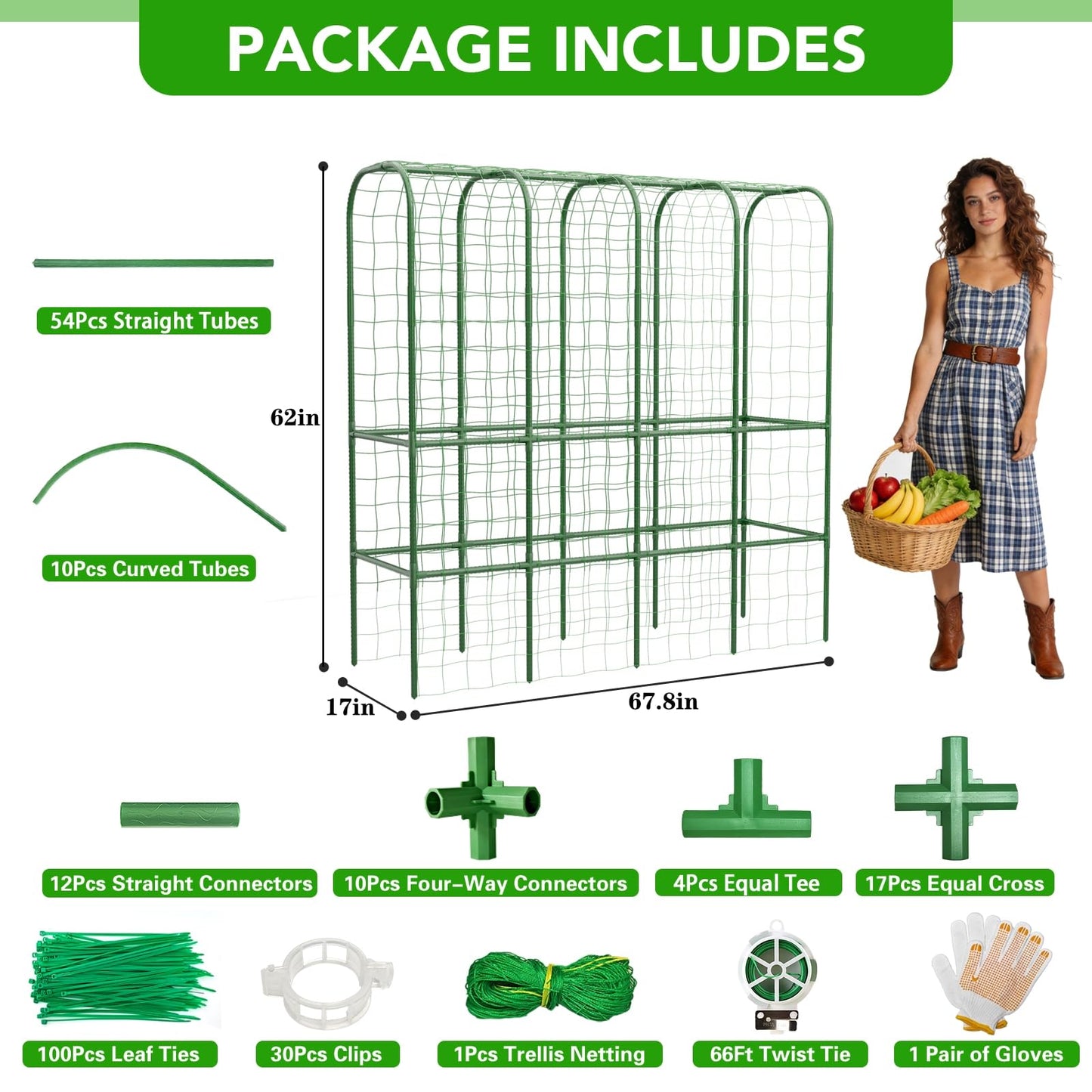 62" Tall Cucumber Trellis for Raised Bed, Garden Trellis for Climbing Plants Outdoor, U-Shape Metal Arch Vegetables Trellis Plant Support for Zucchini Squash Vines