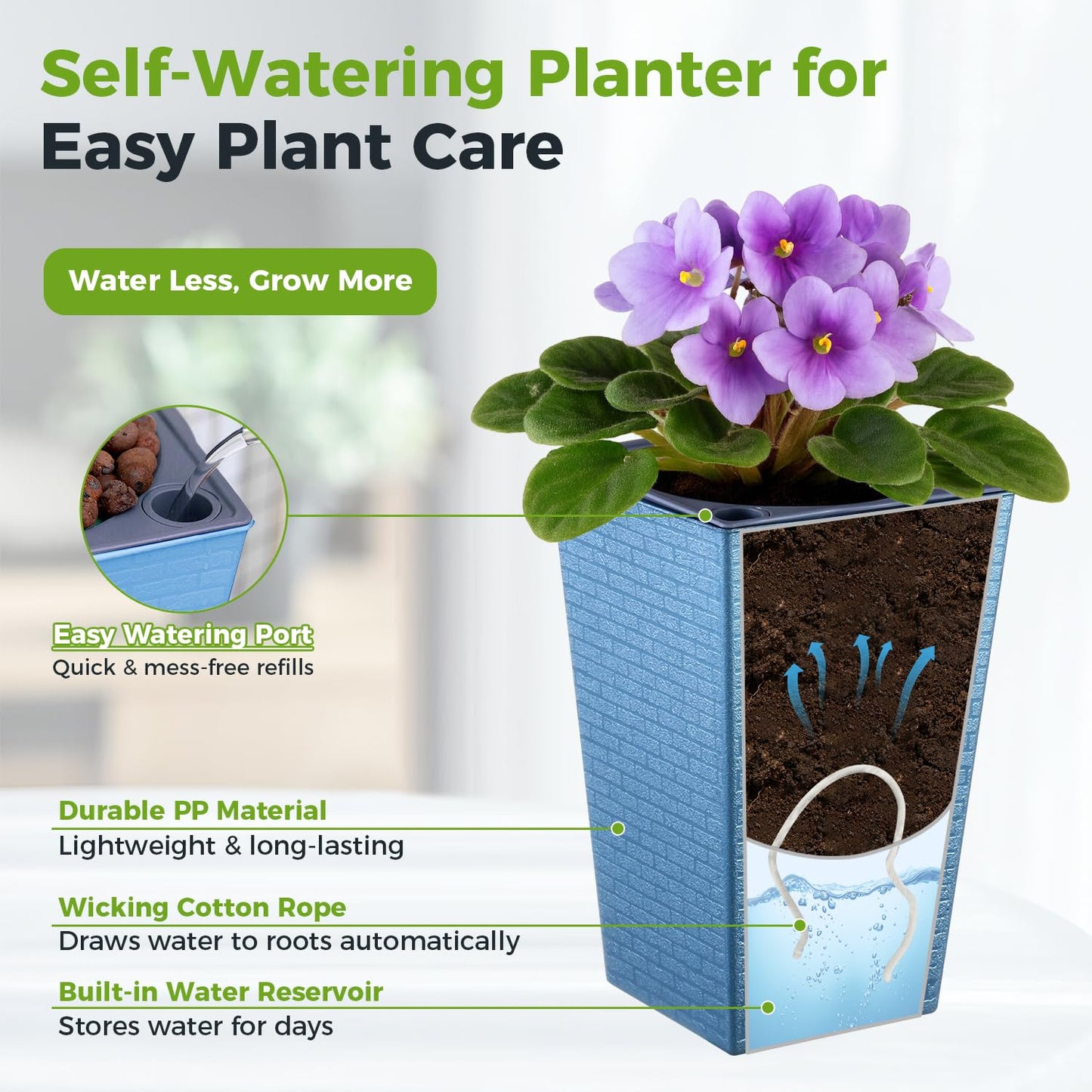 Self Watering Pots for Indoor Plants, 2 Pack Flower Pots Self Watering Planter 10.7" x 6.9" Plastic Pots African Violet Wick and Grow Pots Tall Orchid pots Square Large Plant Pots, Blue
