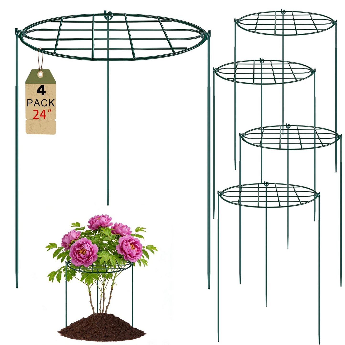 4 Pack 24 x 30 inch Peony Cages and Supports,Metal Grow Through Plant Supports for Outdoor Plants,Flowers Support Rings Top-Heavy Plant Brace Support Hoop for Vegetables,Rose,Tomato,Orchids