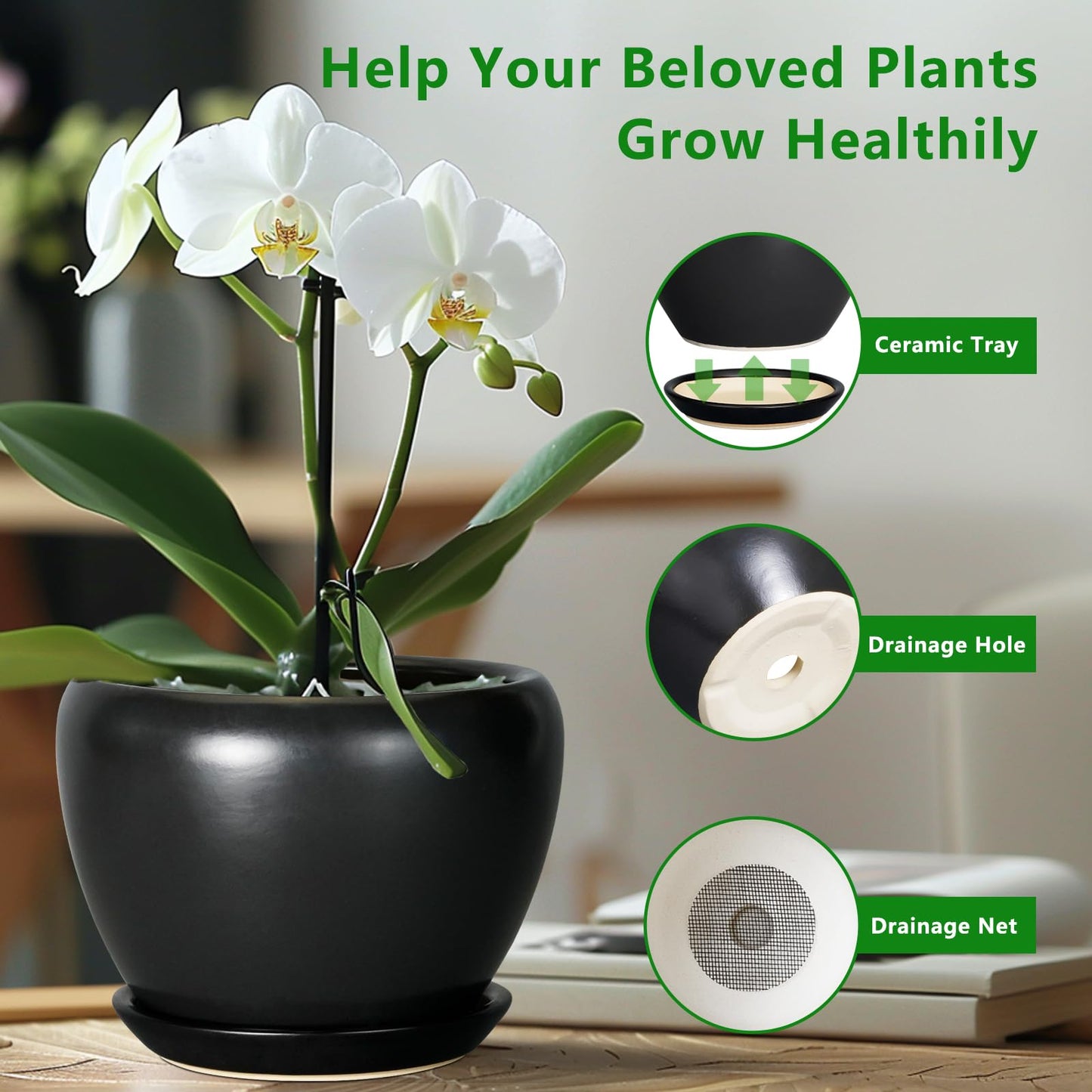 Ceramicfor Ceramic Pot for Plants - 10 Inch Plant Pot Indoor with Drainage Hole and Saucer Large Planter Decorative Planter Modern Outdoor Flower Pot for House Balcony Black