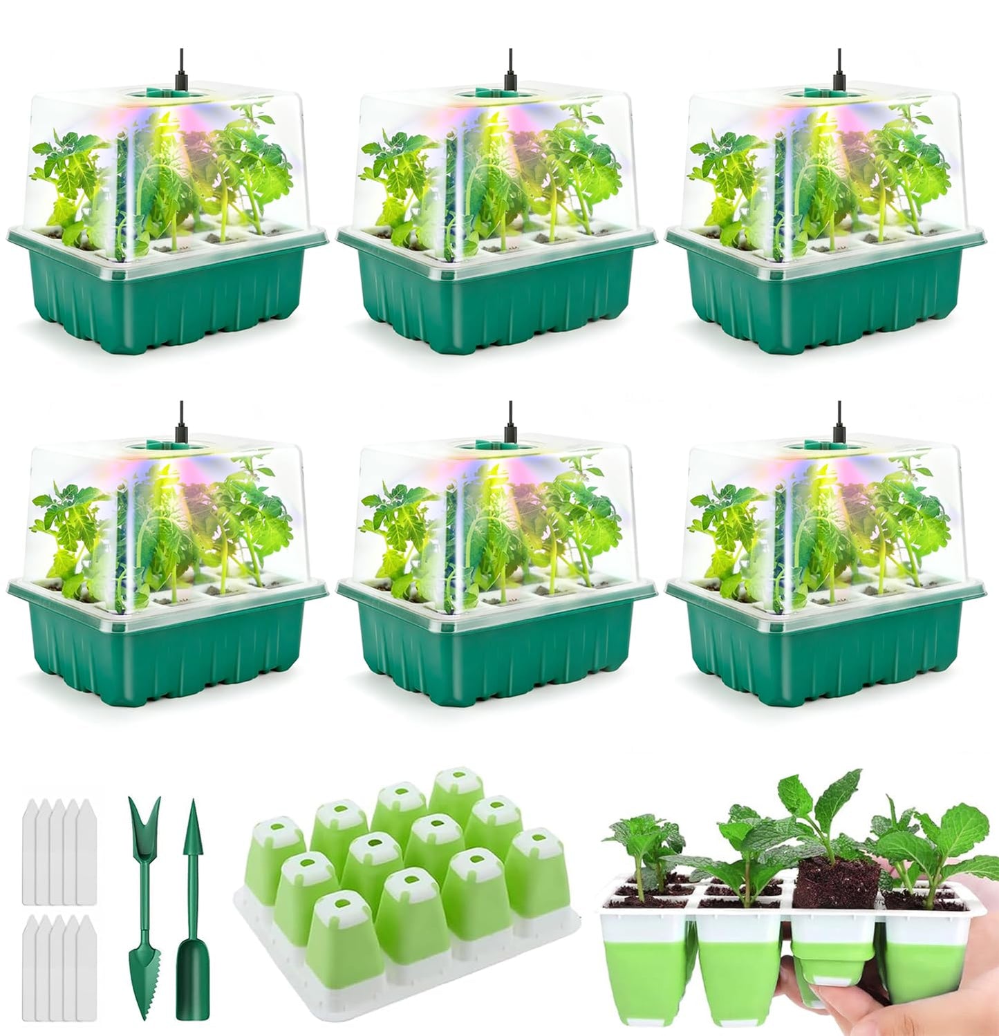 Seed Starter Tray with Grow Light, 72 Cells Indoor Seed Starter Kit, Flexible Silicone Seedling Starter Trays, Germination Tray Kit with Humidity Dome & Lids(4in Height), Reusable & Dishwasher Safe