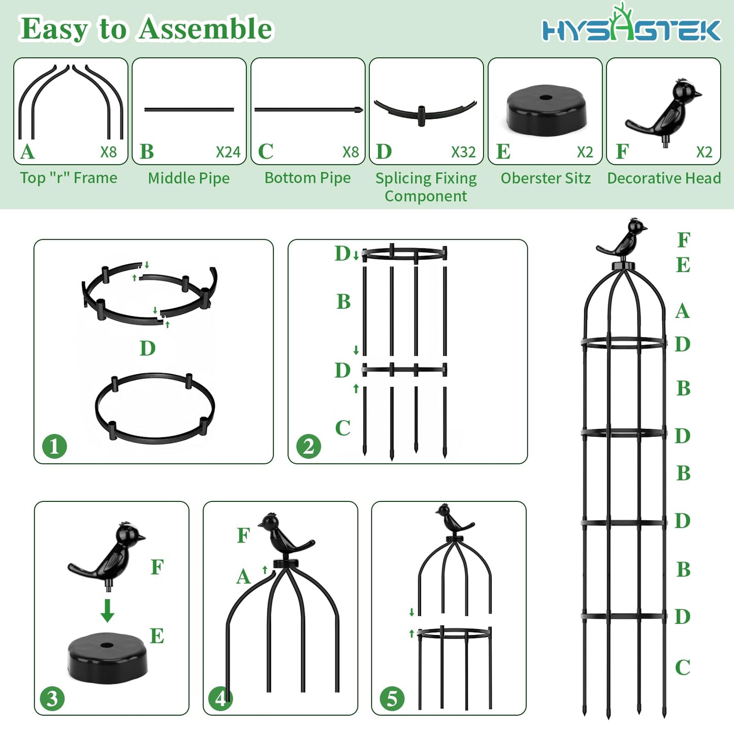 Hysagtek 2 Pack Garden Obelisk Trellis for Climbing Plants, Garden Outdoor Indoor Potted Plant Support, Removable Obelisk Trellis with 20 Plant Clips
