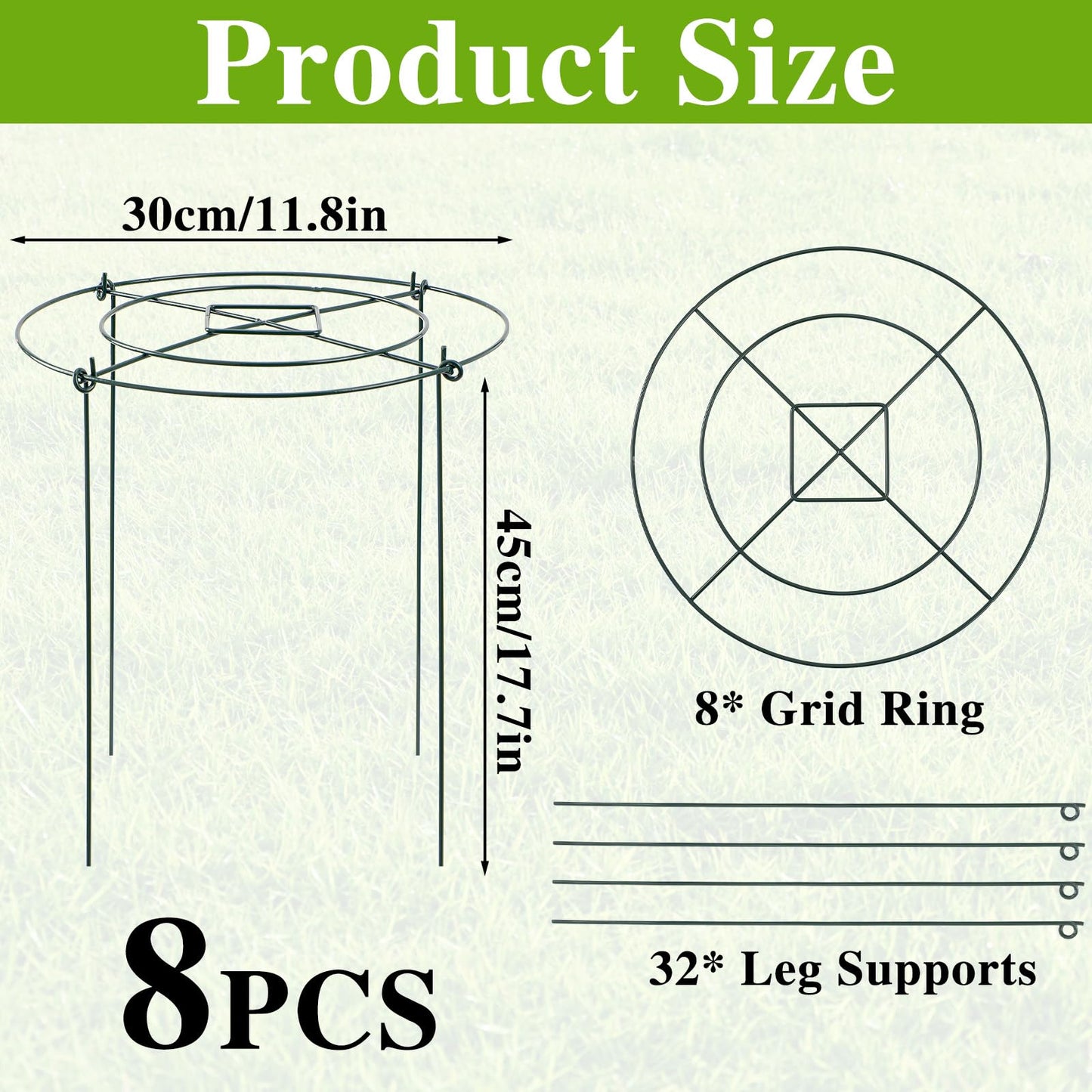 LIRAVENO Peony Cages and Supports - 8 Pack Plant Support Ring with 4 Legs 11.8" Dx17.7 H Round Potted Flower Grow Trellis Indoor Outdoor Garden Heavy Duty Metal Stakes for Rose Hydrangea Vegetables