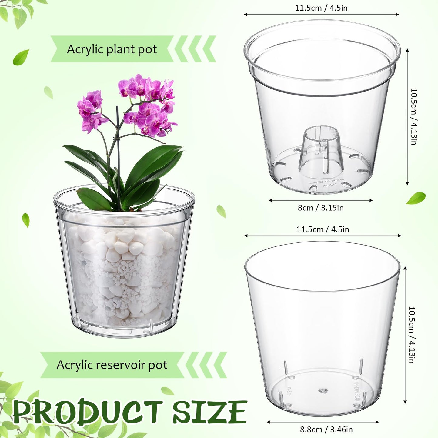 Baderke 1 Set 4.5 Inch Clear Self Watering Planter with Transparent Inner Pot Acrylic Orchid Pot African Violet with Drainage Holes Bottom Watering Transparent Containers for Indoor Plants Herbs