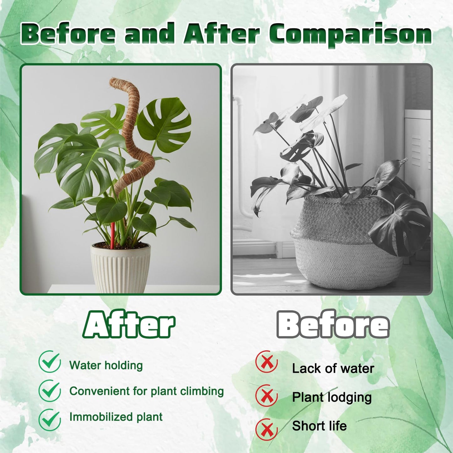 Afcabakila 4 Pcs Bendable Moss Pole for Monstera Plant Support, 24” Natural Handmade Coir Pole Stick for Climbing Plants Indoor Plant Stakes Real Moss Poles for Potted Plants to Grow Upwards