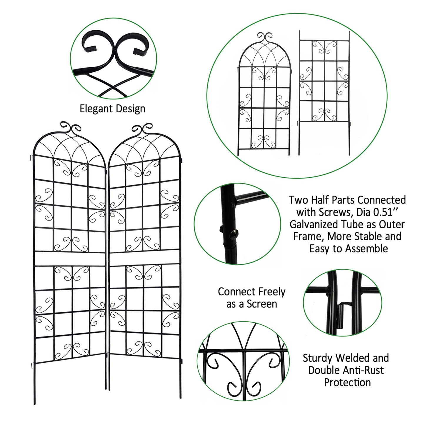 Sybrioka 4 Pack Metal Garden Trellis 86.7" H Garden Fence Rustproof Trellis for Climbing Plants Support Roses Flower Outdoor Lawn Black