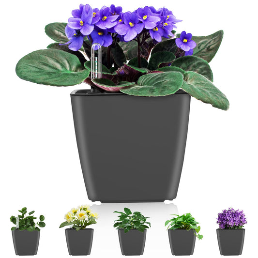 GS Garden Self Watering Planters for Indoor Plants : 5 inch 6 Pack Grey Planter with Water Level Indicator African Violet Self Watering Flower Pot for Herb Pot House Plant Planting